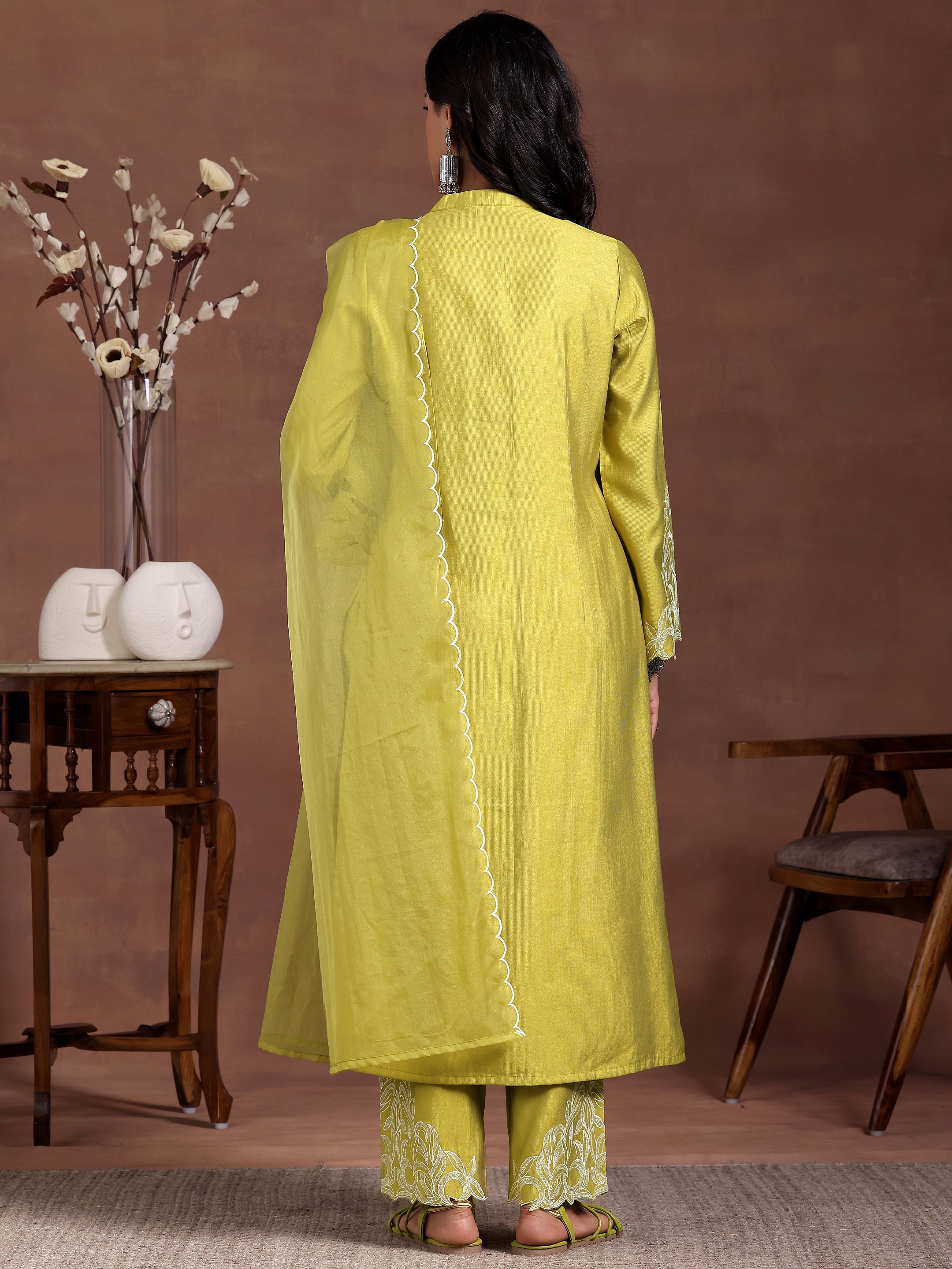 Lime Green Solid Silk Blend Straight Suit With Dupatta