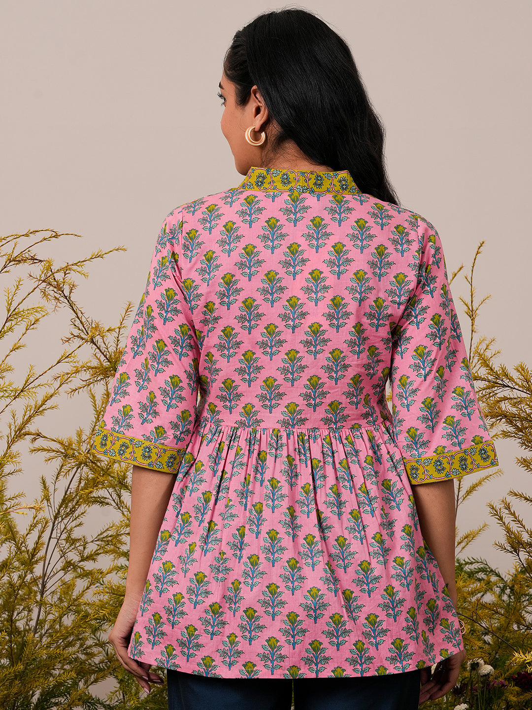 Pink Printed Cotton A-Line Kurti