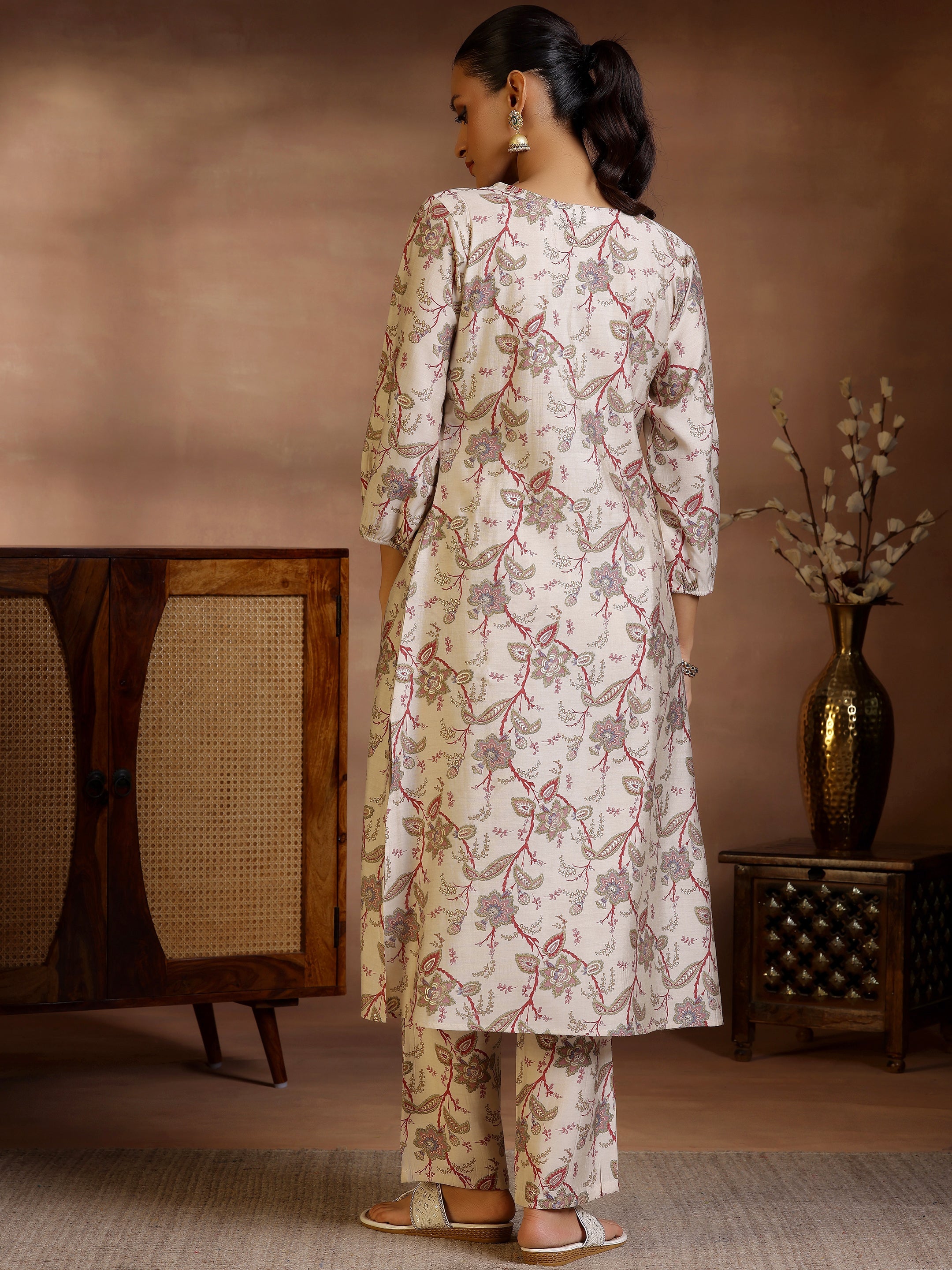 Beige Printed Silk Blend Co-Ords