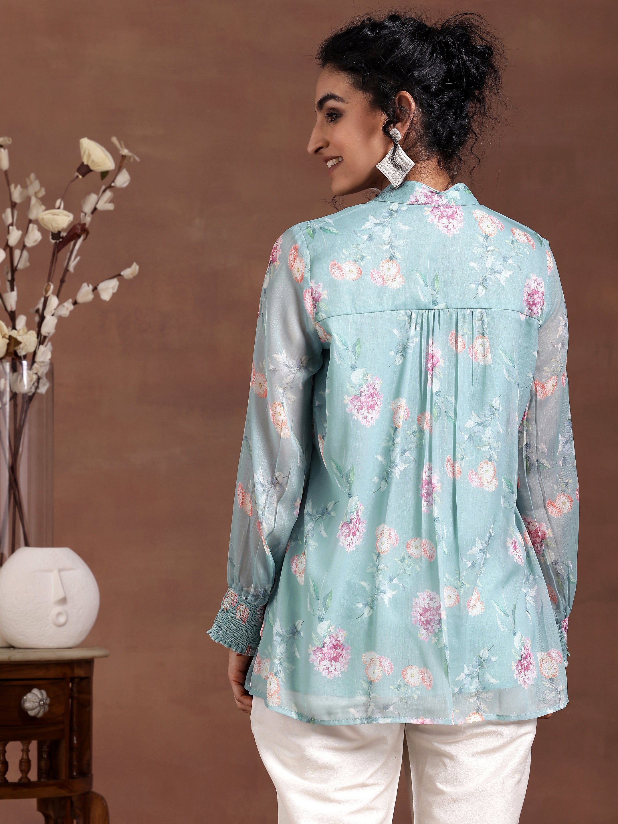 Blue Printed Chiffon A-Line Kurti