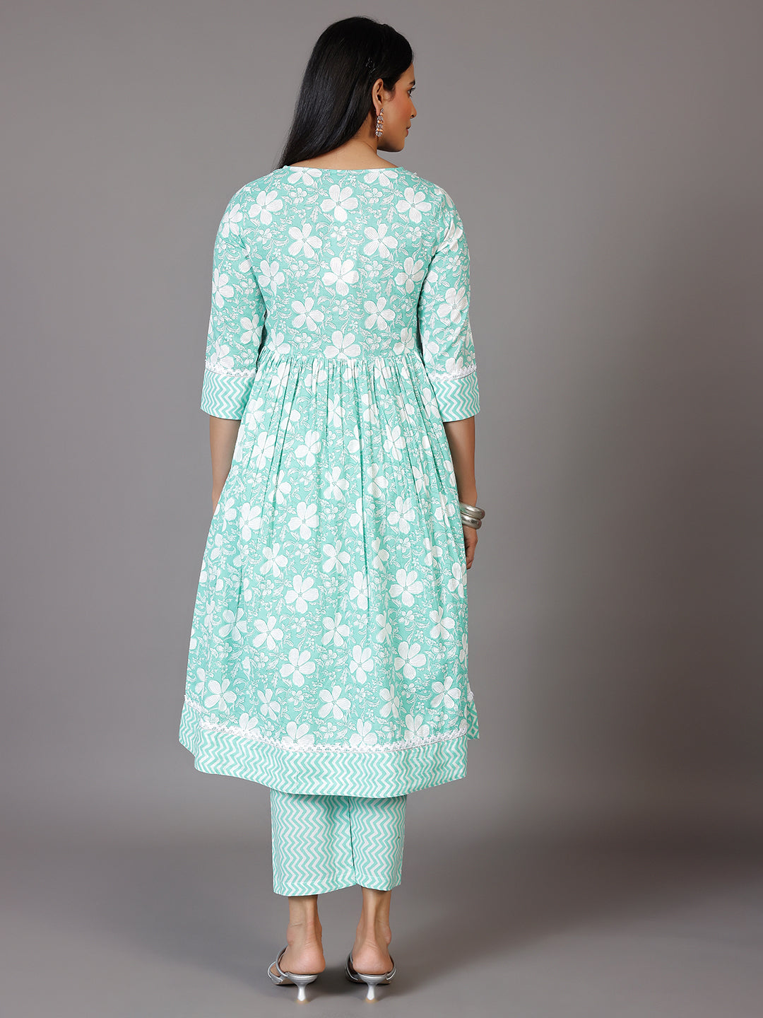 Green Printed Cotton Anarkali Kurta Set