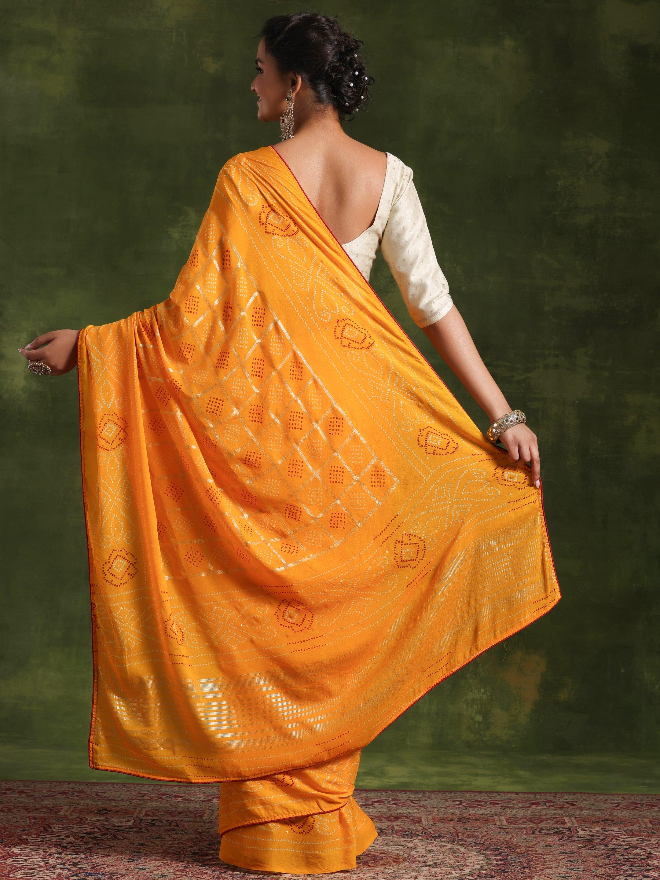 Mustard Printed Poly Georgette Saree With Unstitched Blouse Piece