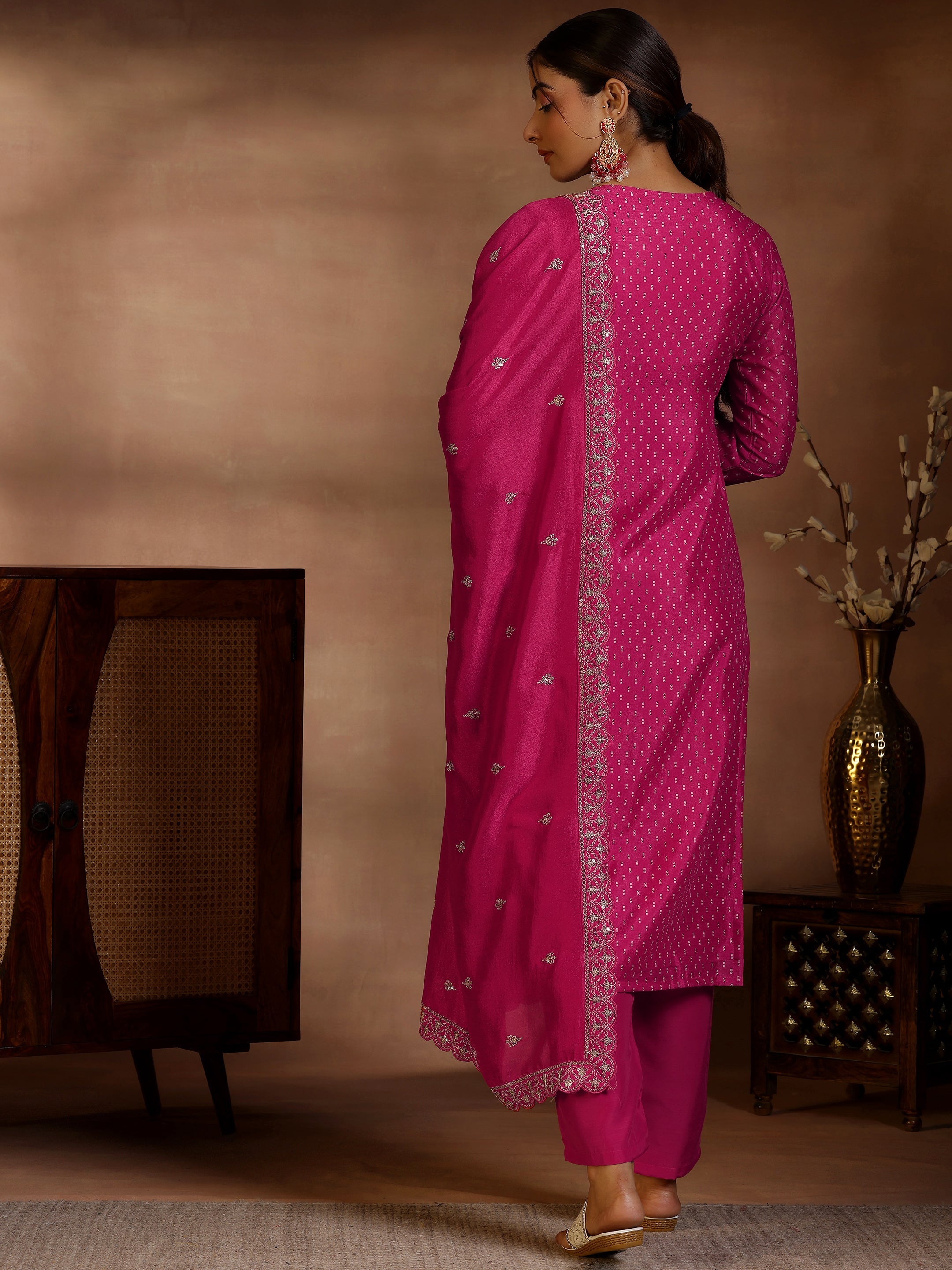 Pink Printed Silk Blend Straight Suit With Dupatta