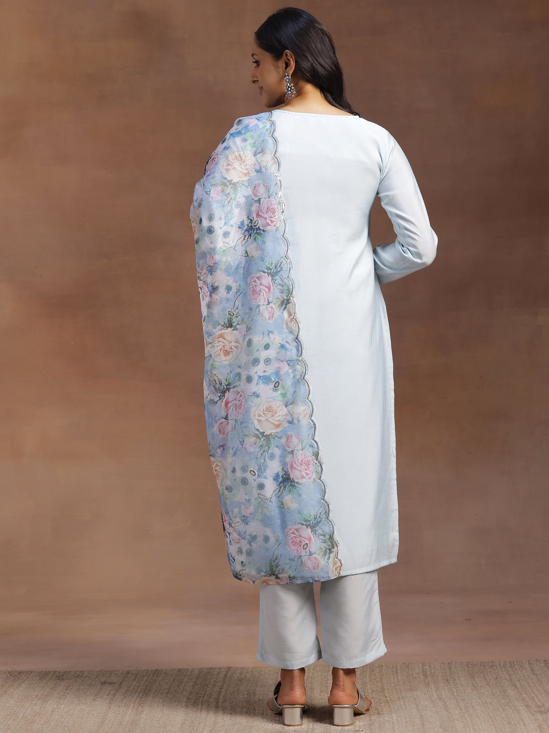 Blue Embroidered Silk Blend Straight Suit With Dupatta