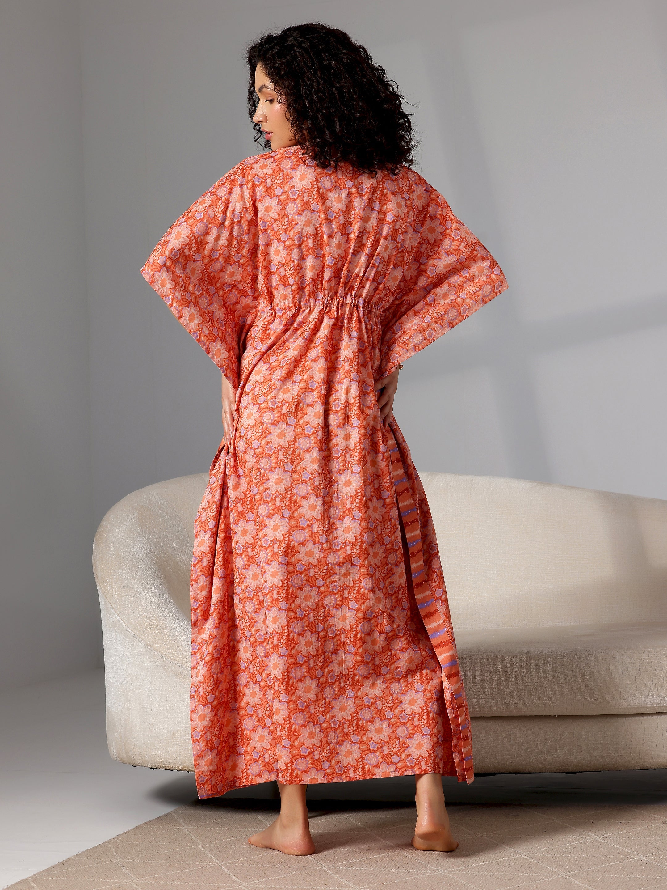 Orange Printed Cotton Kaftan Night Dress