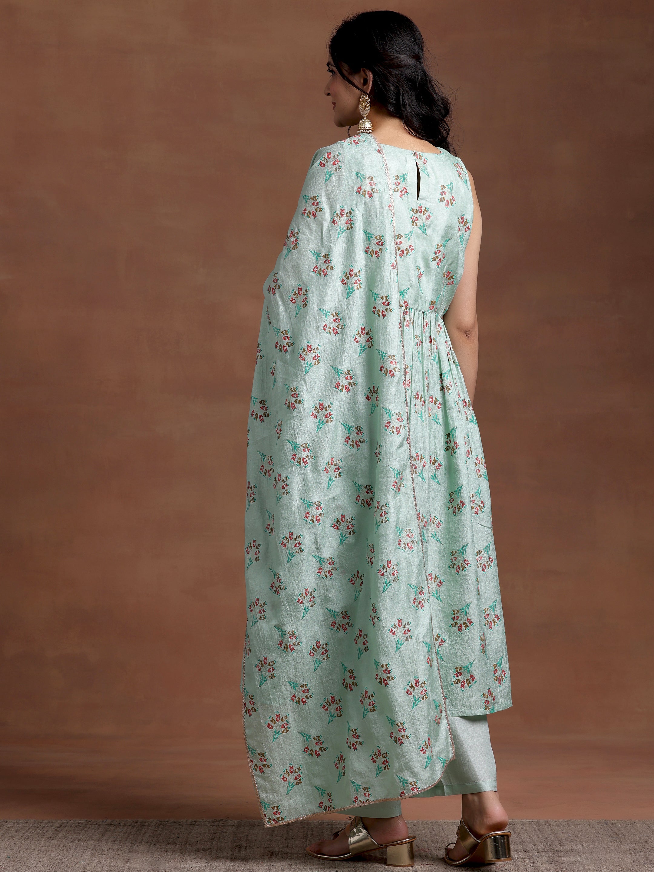 Sea green Printed Silk Blend A-Line Kurta With Palazzos & Dupatta