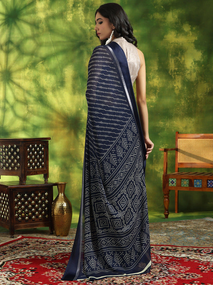 Blue Printed Satin Saree With Unstitched Blouse Piece - Libas