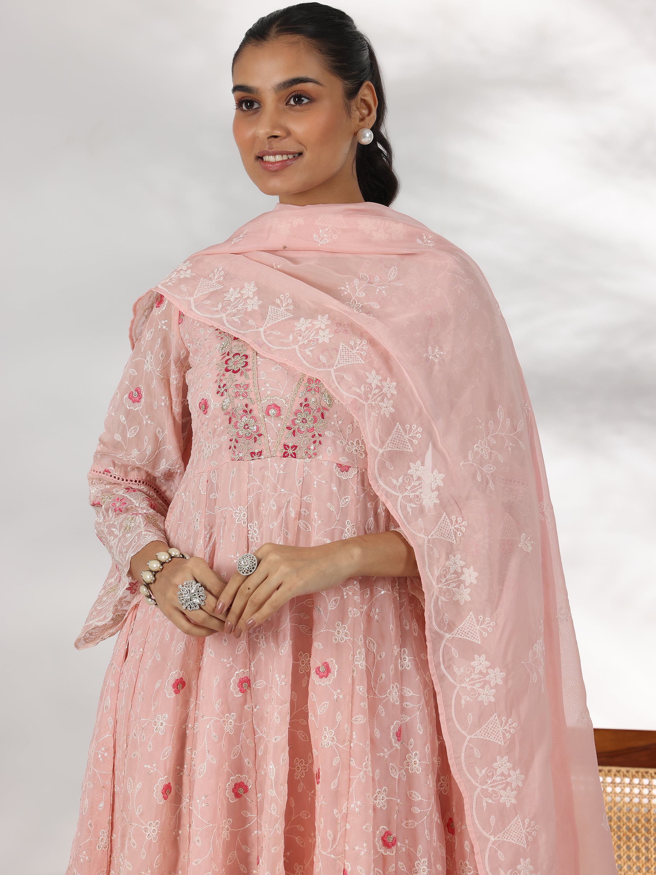 Pink Embroidered Organza Anarkali Suit With Dupatta