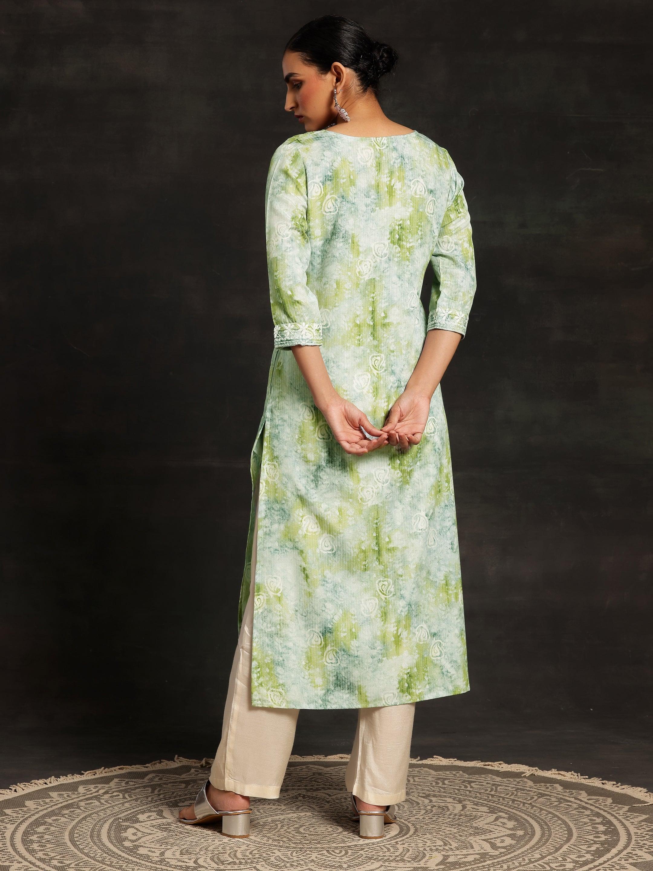 Green Printed Cotton Straight Kurta