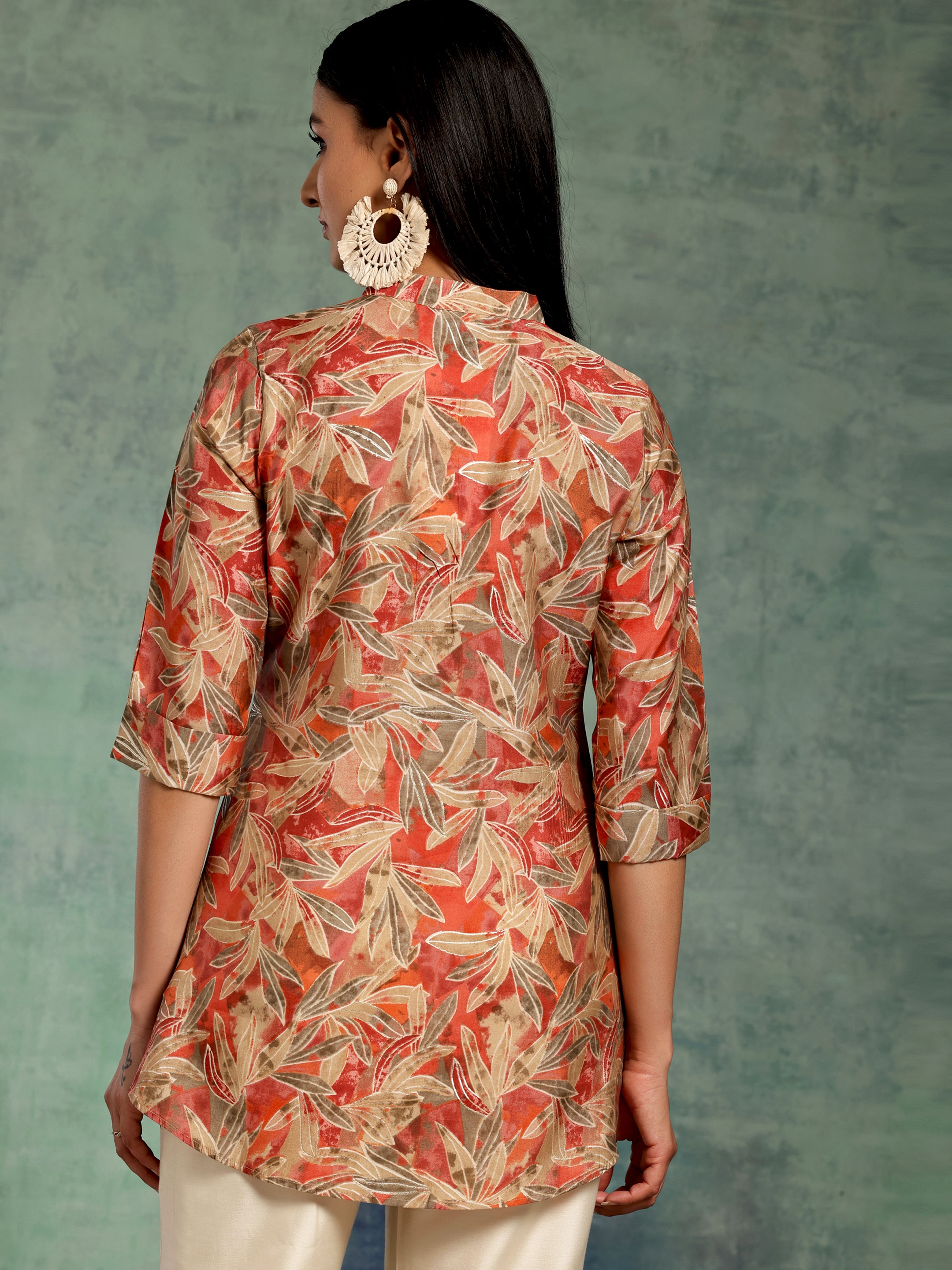 Beige Printed Silk Blend Straight Kurti