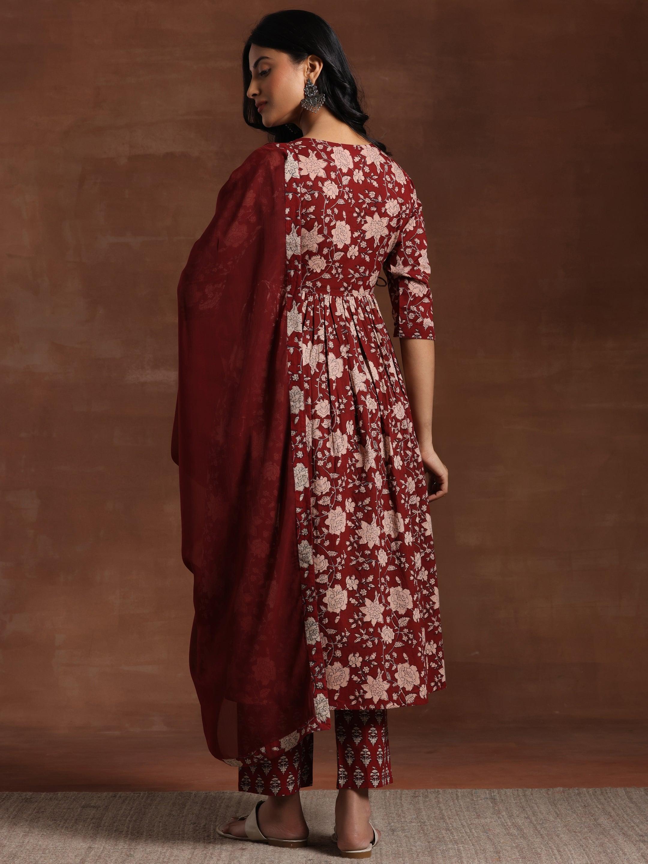 Maroon Printed Pure Cotton Anarkali Suit With Dupatta