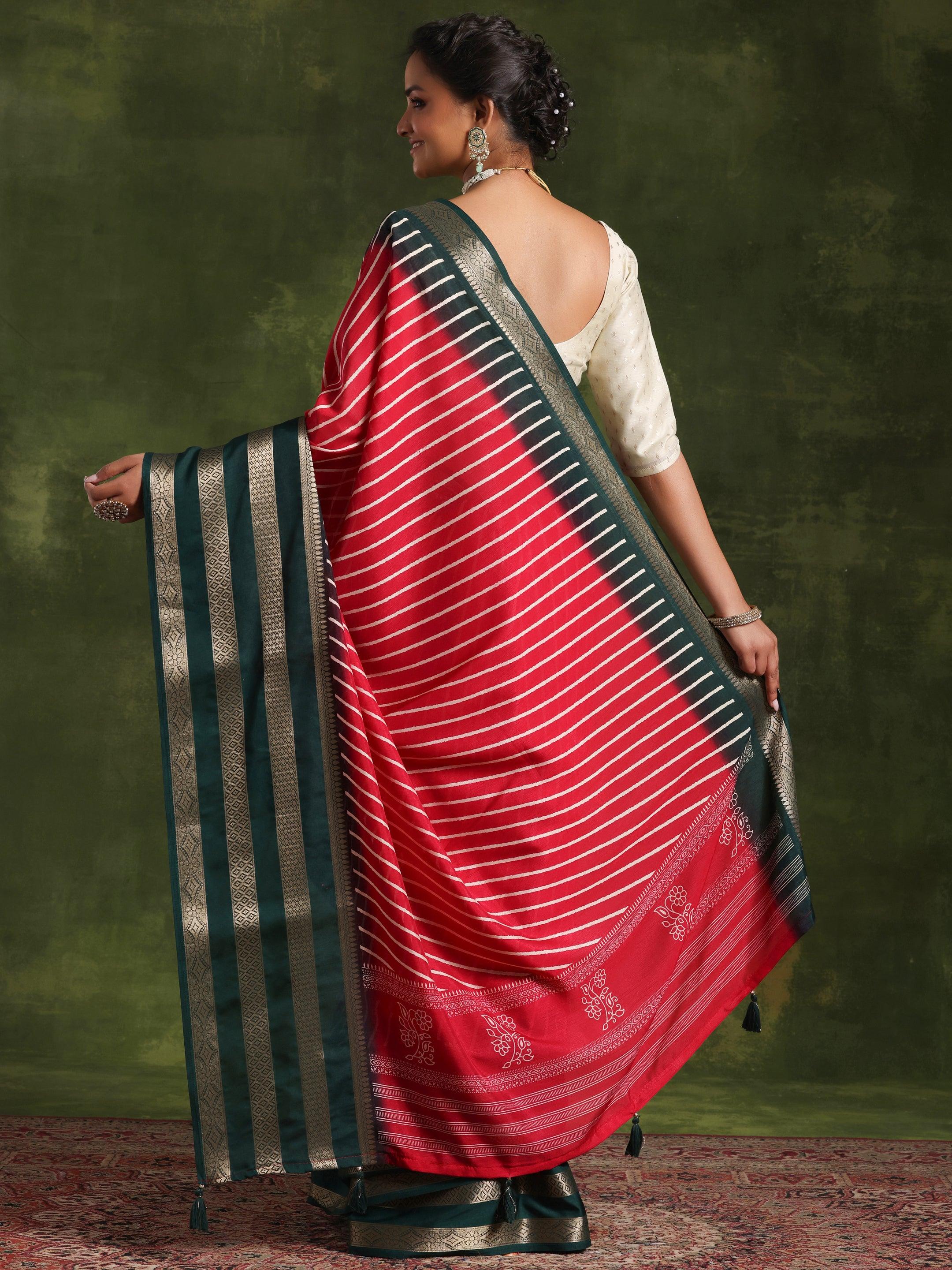 Pink Printed Silk Blend Saree With Unstitched Blouse Piece