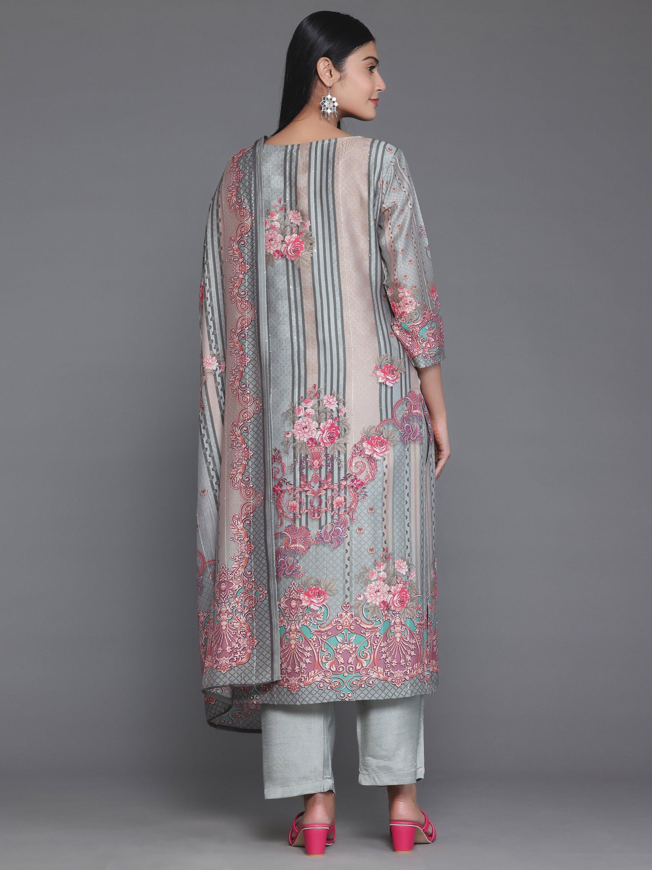 Grey Printed Silk Blend Straight Suit With Dupatta