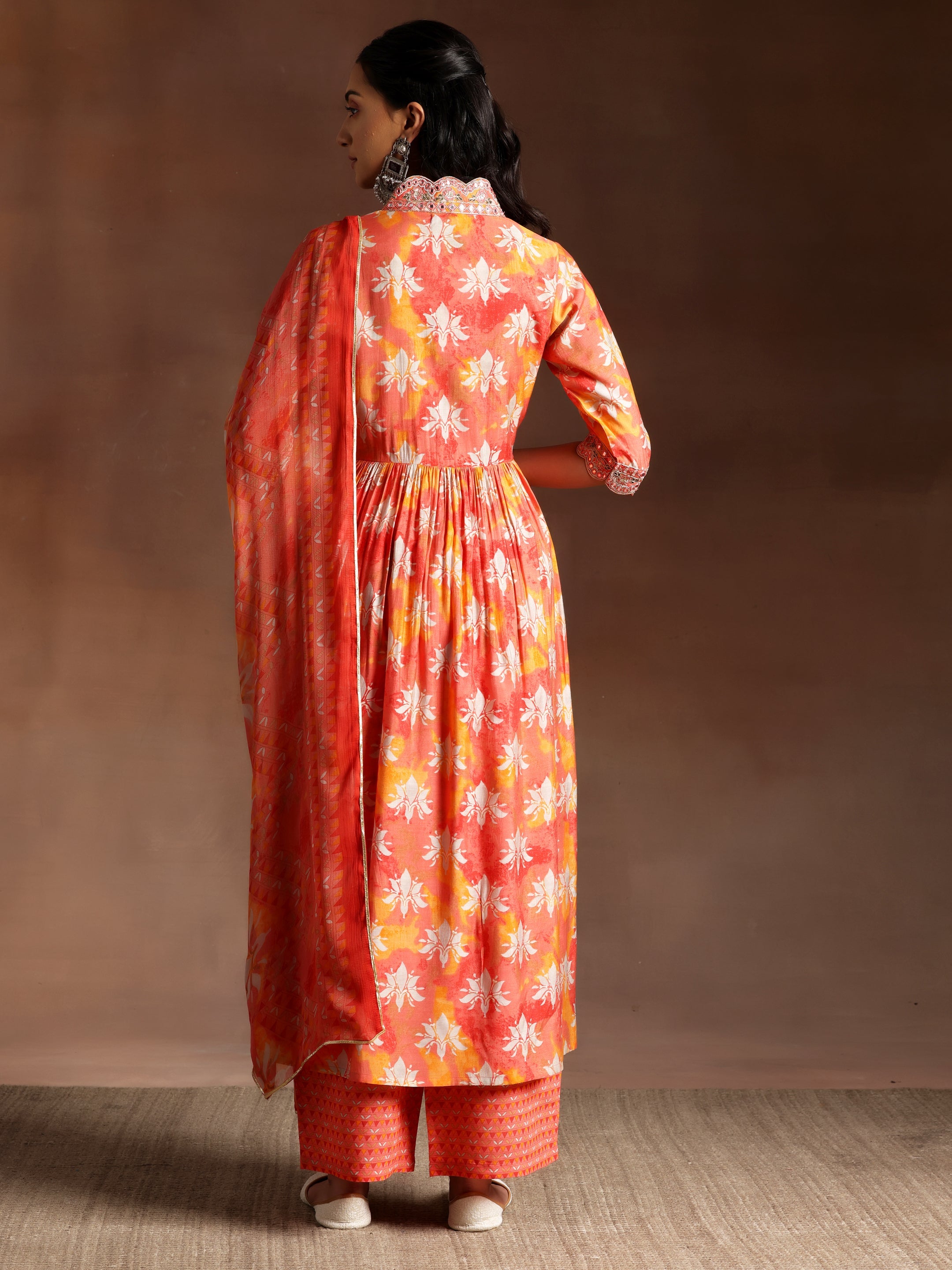 Saanjh Orange Printed Silk Blend A-Line Kurta With Palazzos & Dupatta