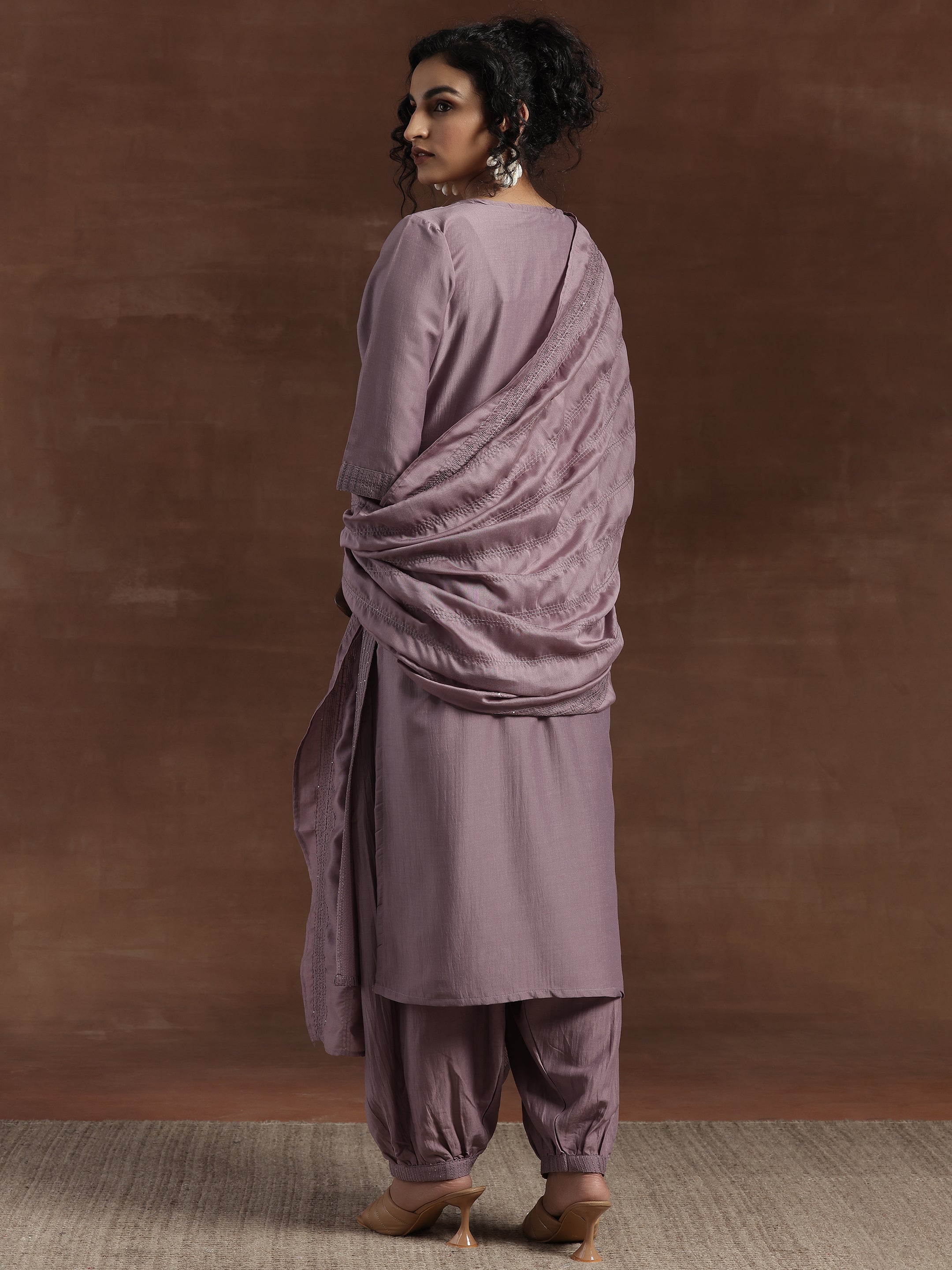 Mauve Self Design Silk Blend Straight Suit With Dupatta