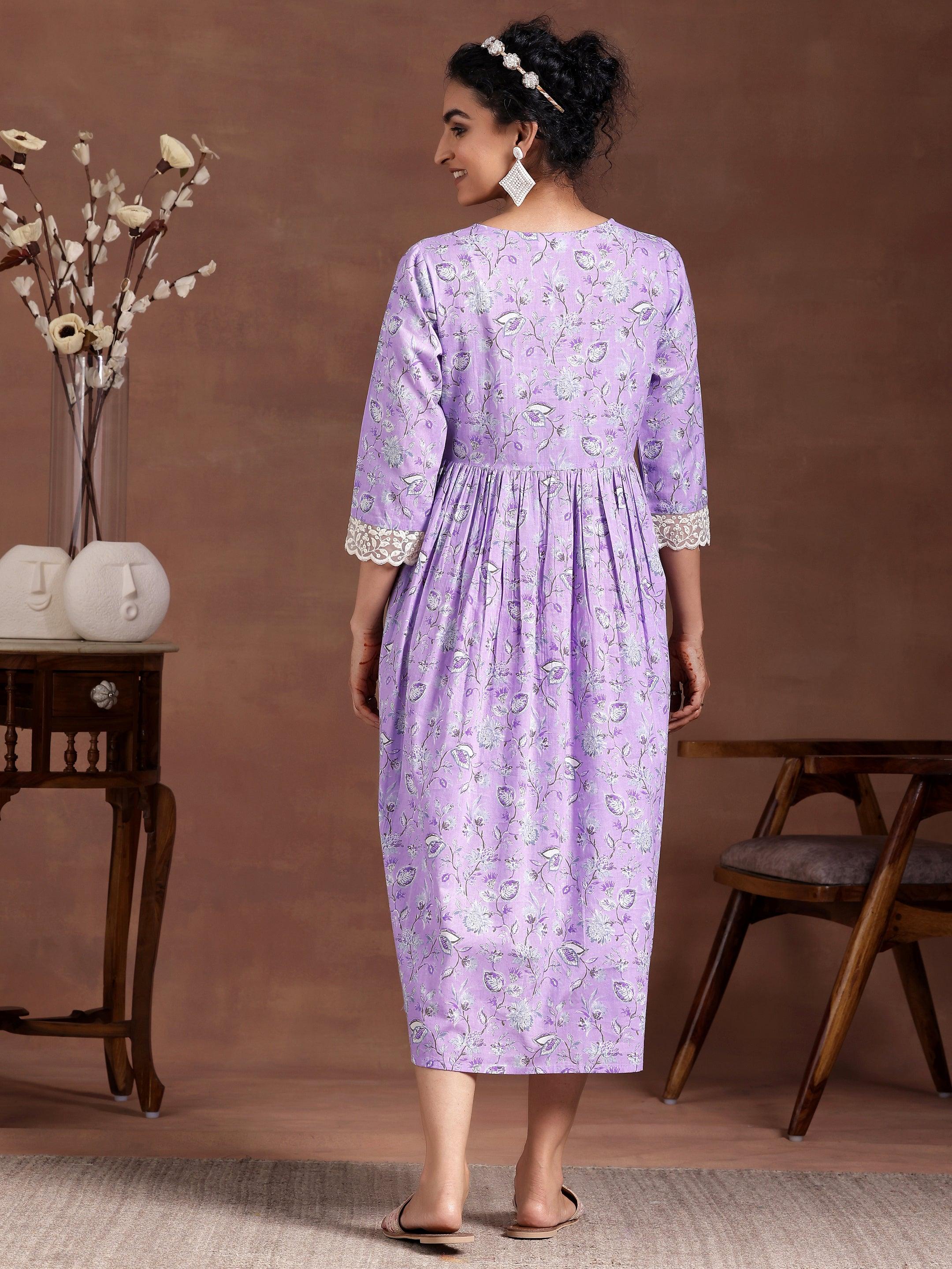 Lavender Printed Cotton Fit and Flare Dress