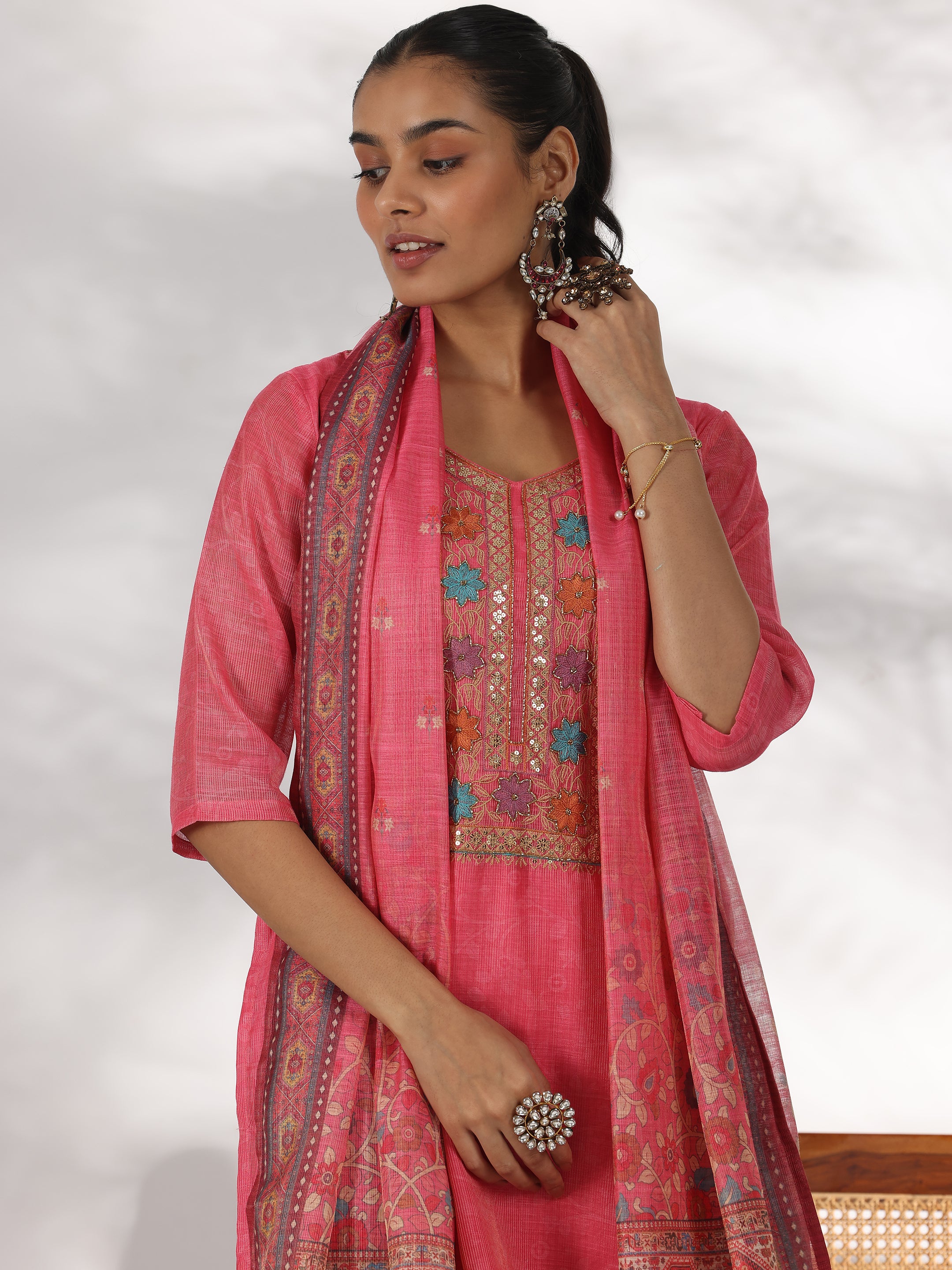 Pink Yoke Design Silk Blend Straight Suit With Dupatta