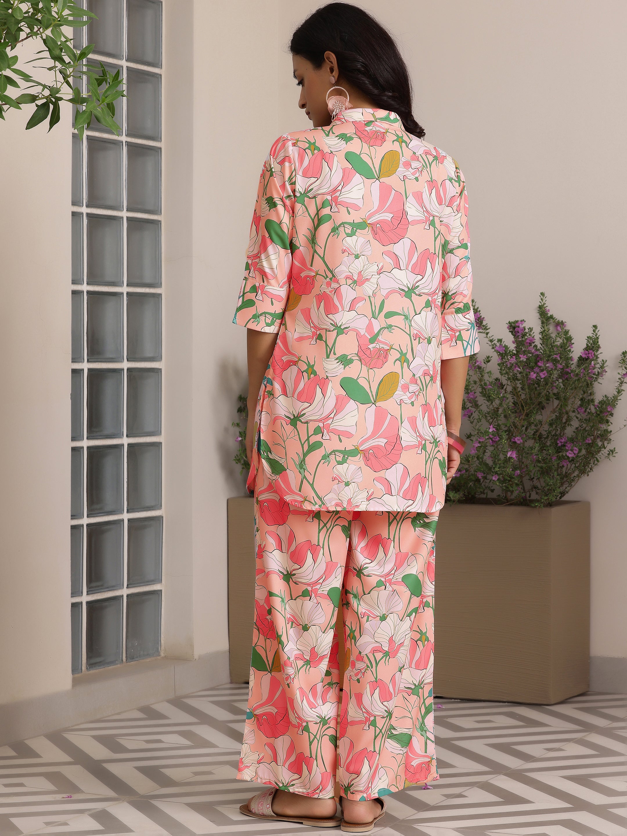 Peach Printed Silk Blend Co-Ords