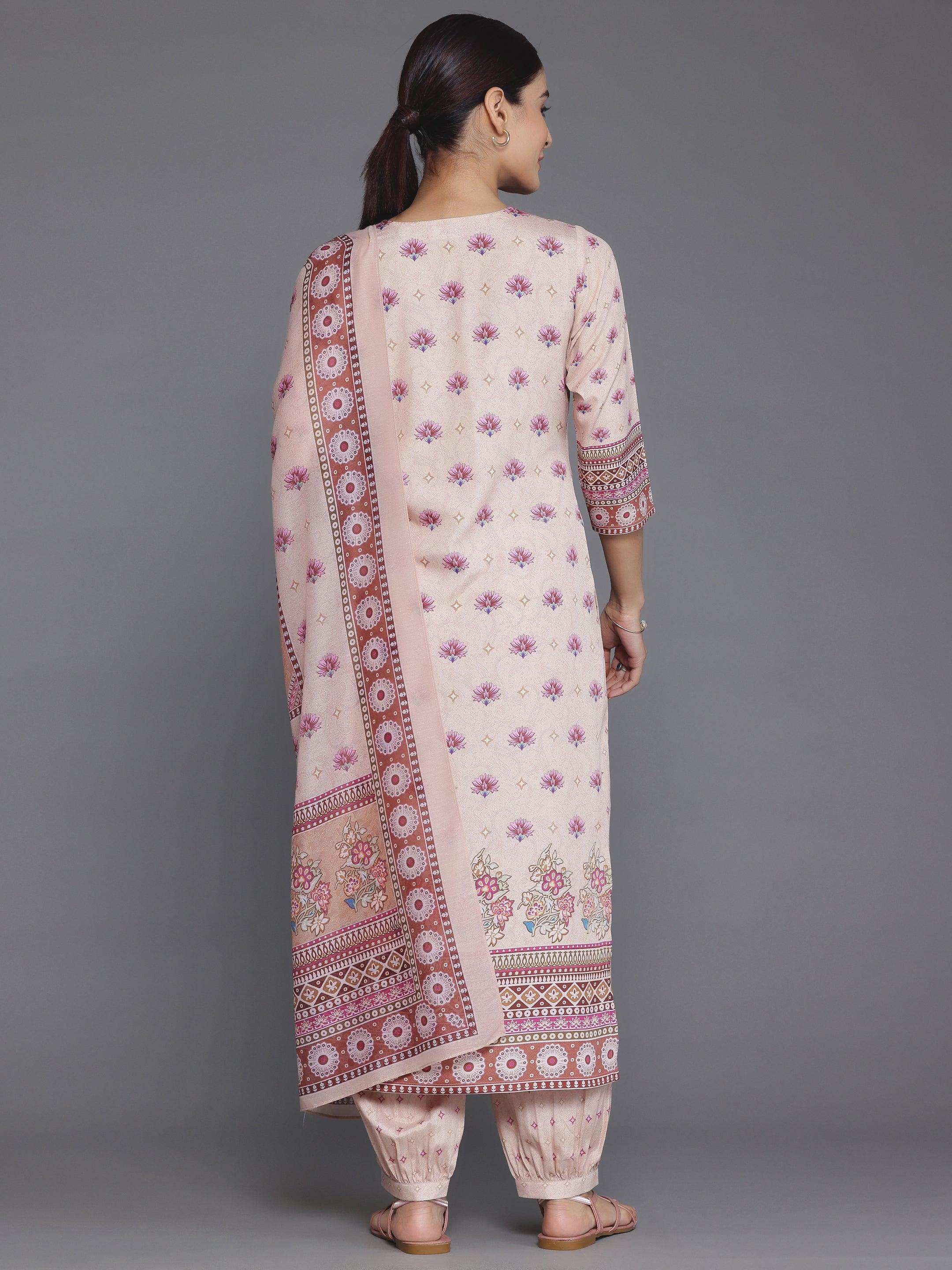 Peach Printed Poly Crepe Straight Suit With Dupatta