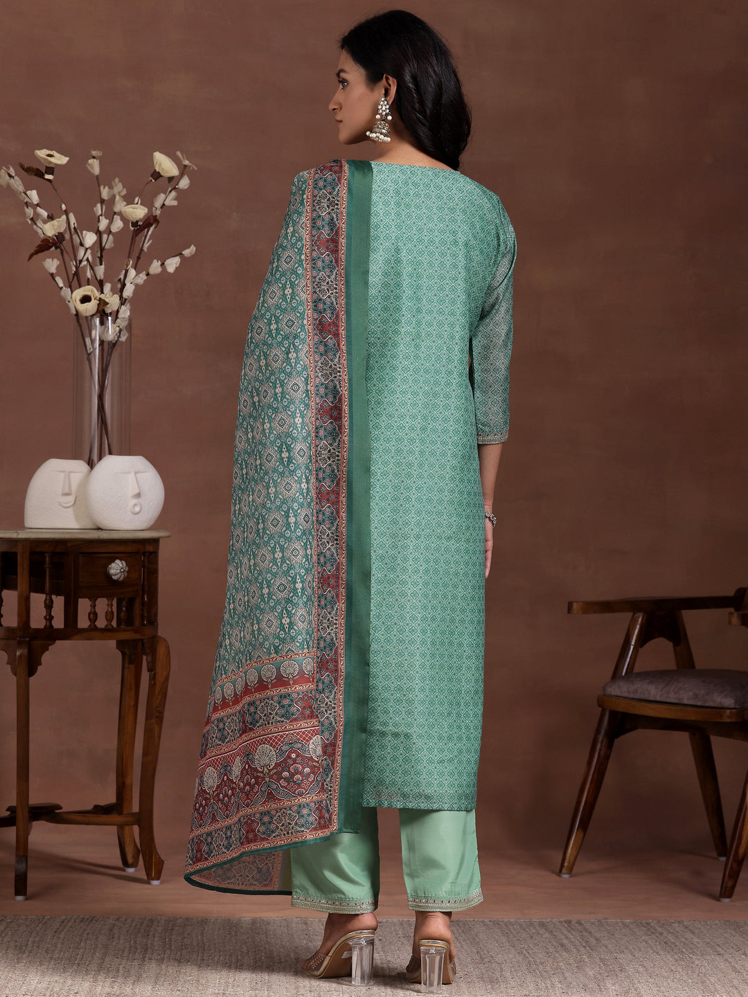 Green Printed Silk Blend Straight Suit With Dupatta