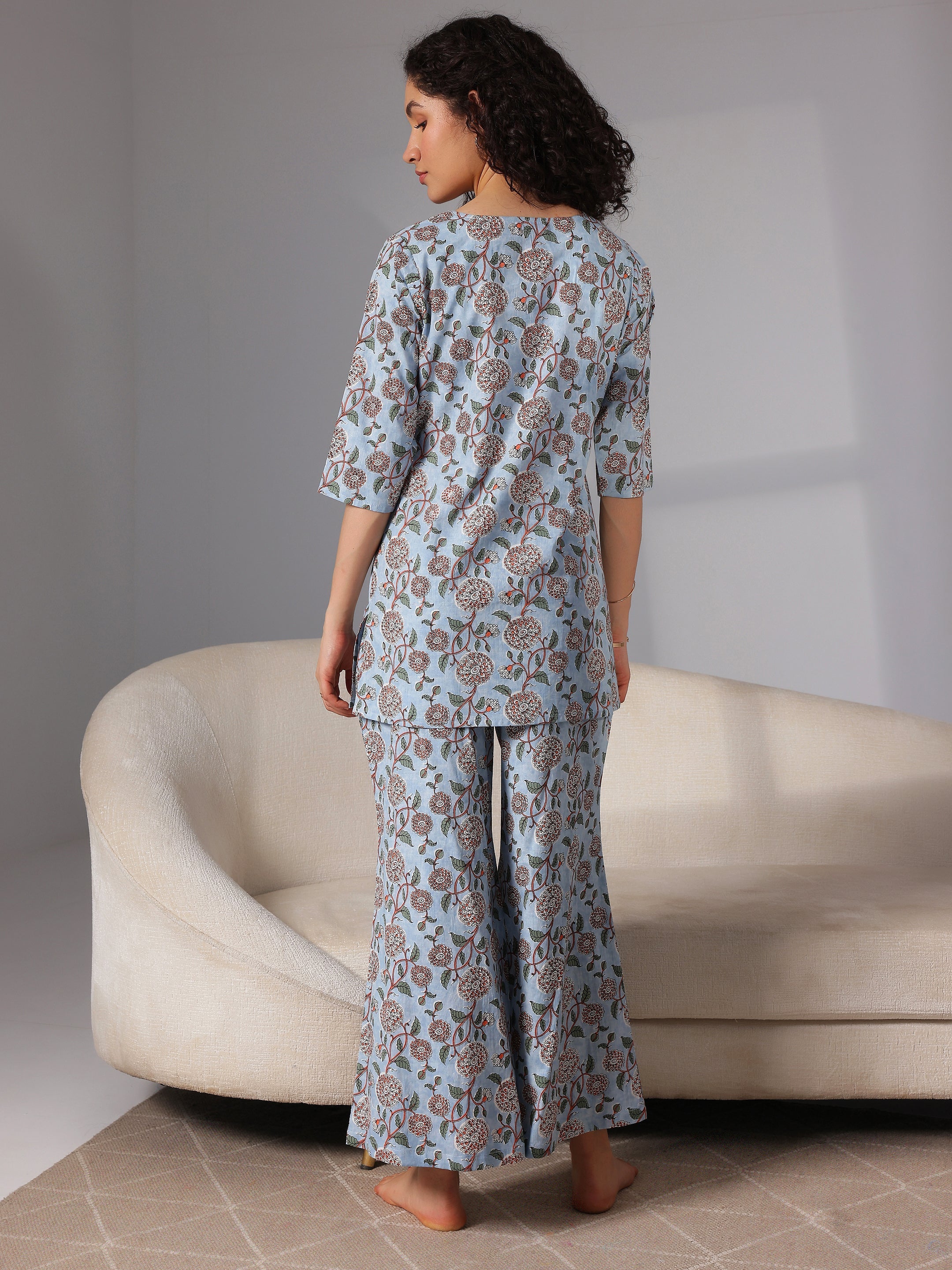 Blue Printed Cotton Night Suits