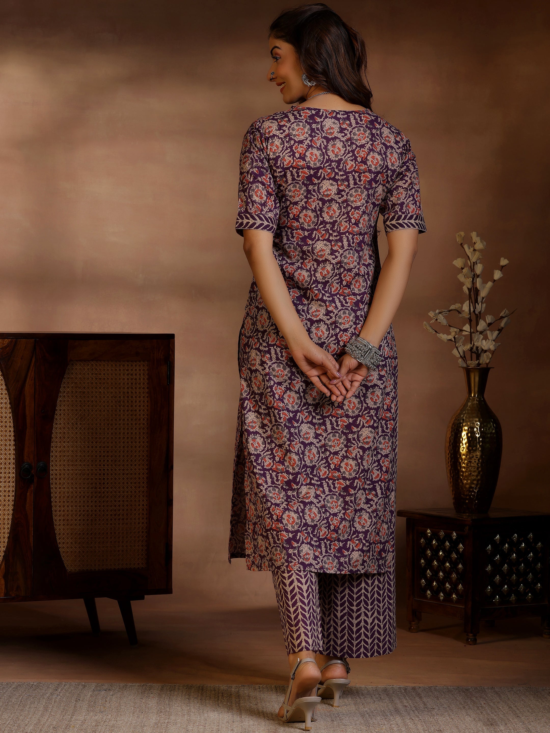 Purple Printed Cotton Straight Kurta Set