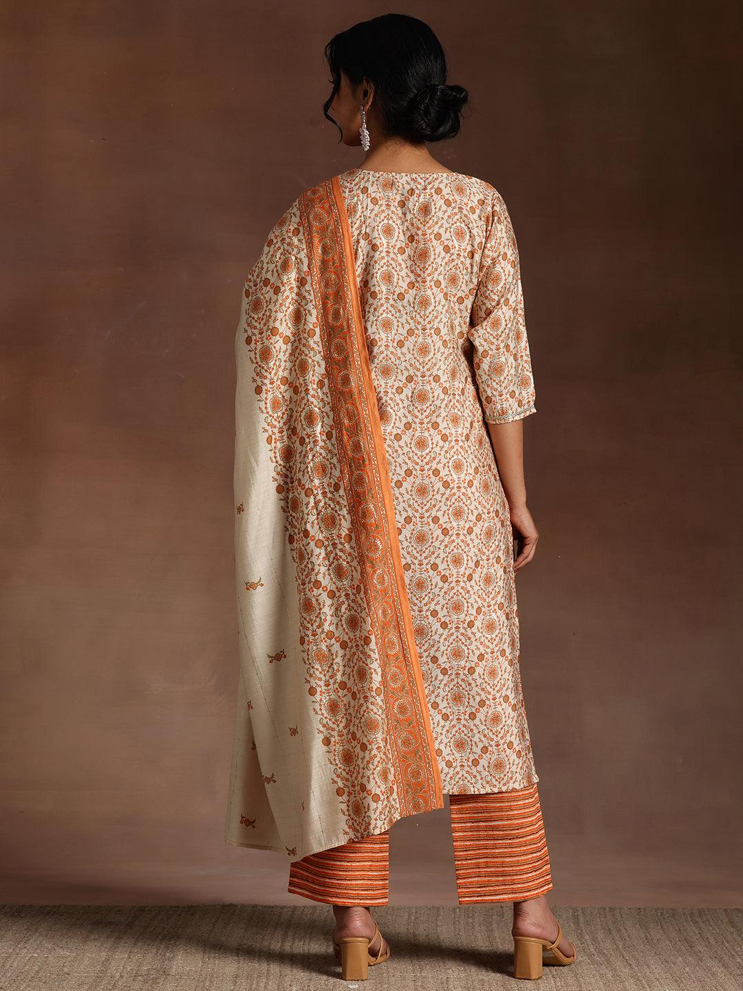 Orange Printed Silk Blend Straight Suit With Dupatta