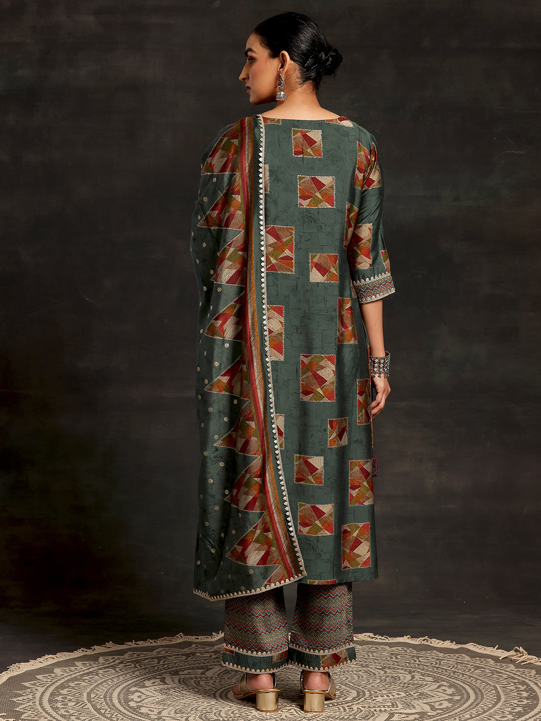 Green Printed Silk Blend Straight Suit With Dupatta