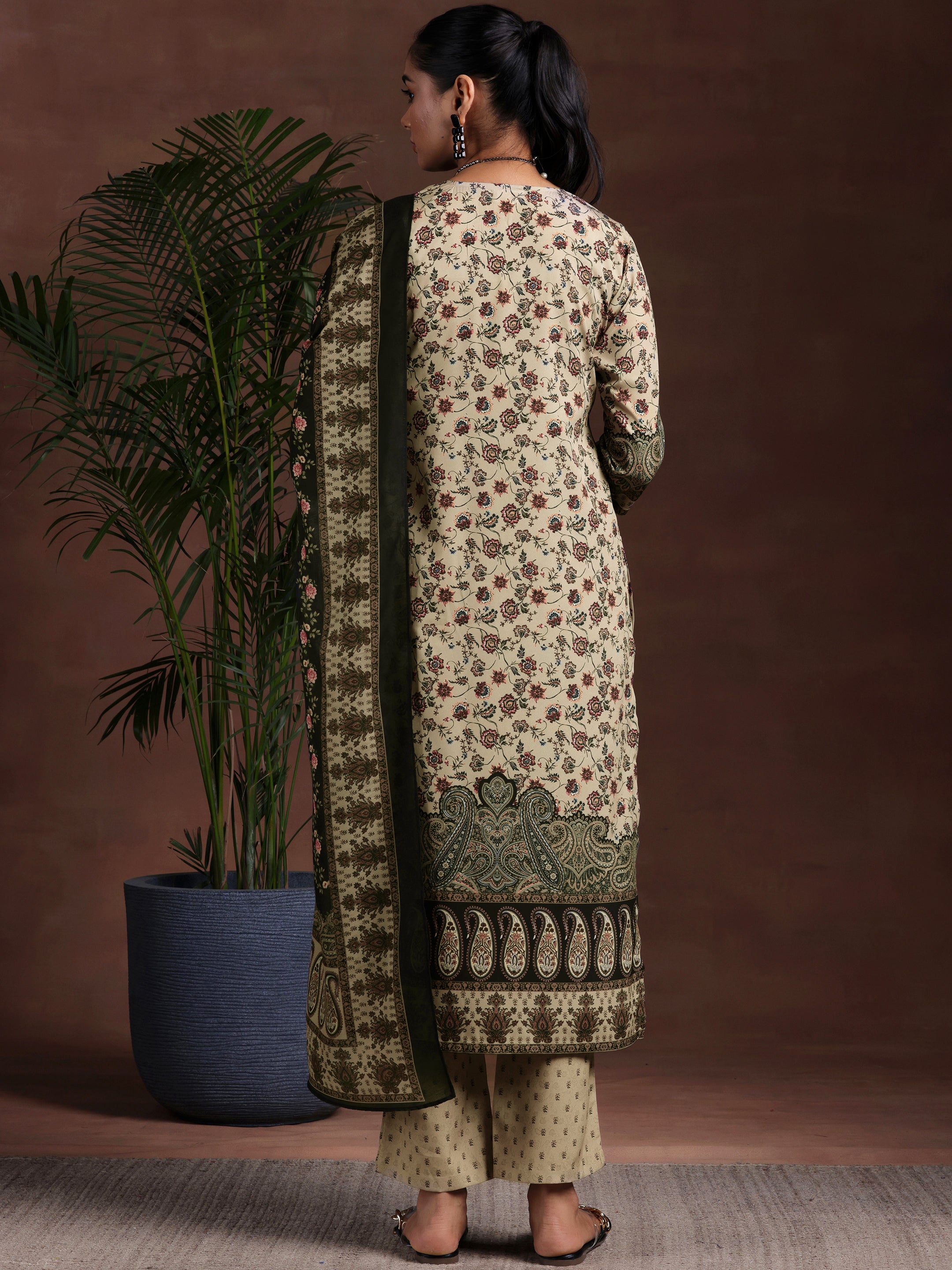 Beige Printed Poly Crepe Straight Suit With Dupatta