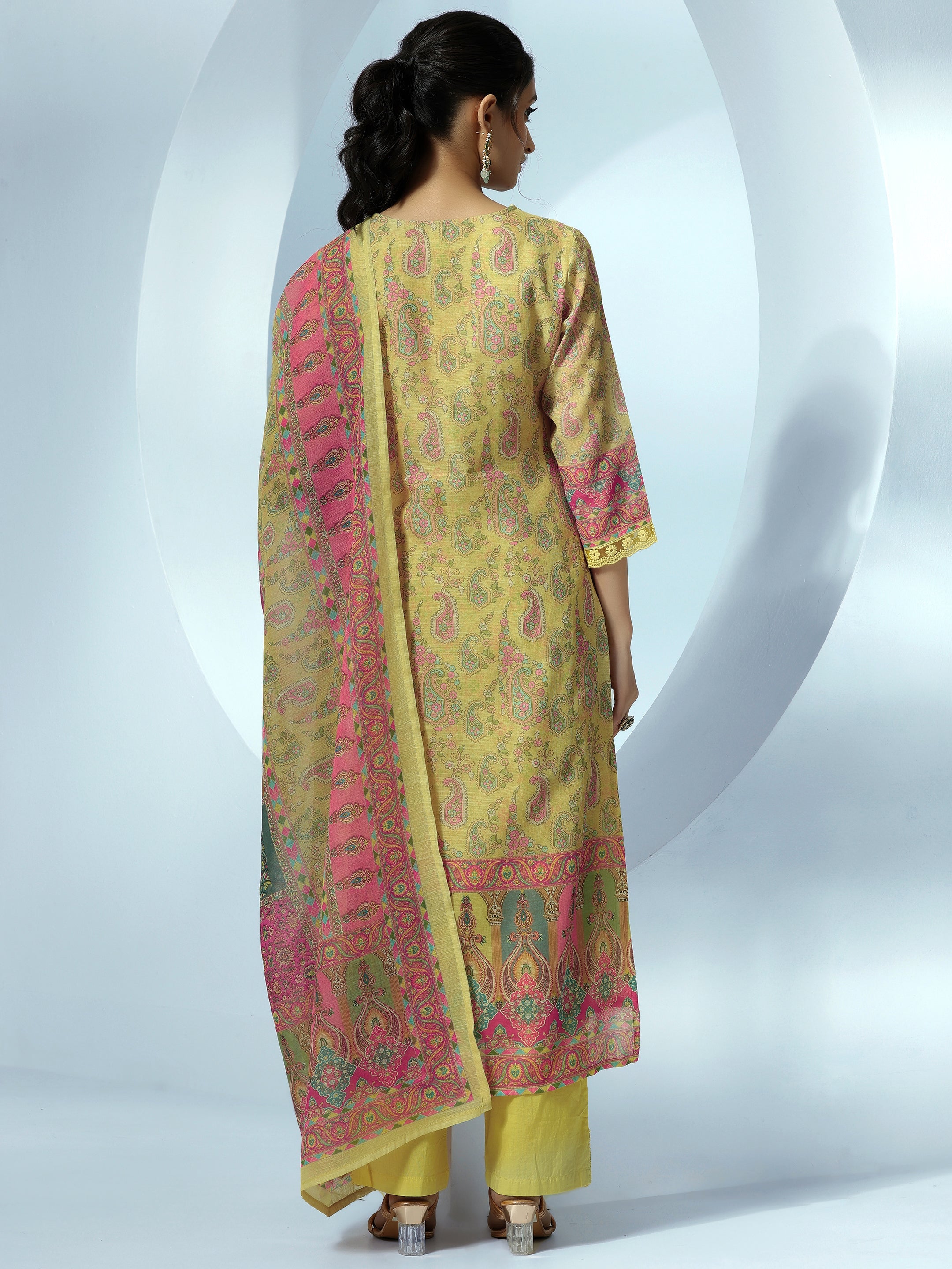 Yellow Printed Linen Straight Suit With Dupatta