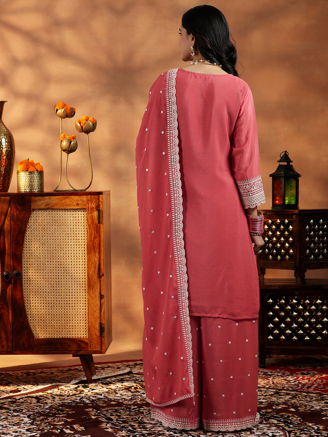 Coral Embroidered Silk Blend Straight Suit With Dupatta