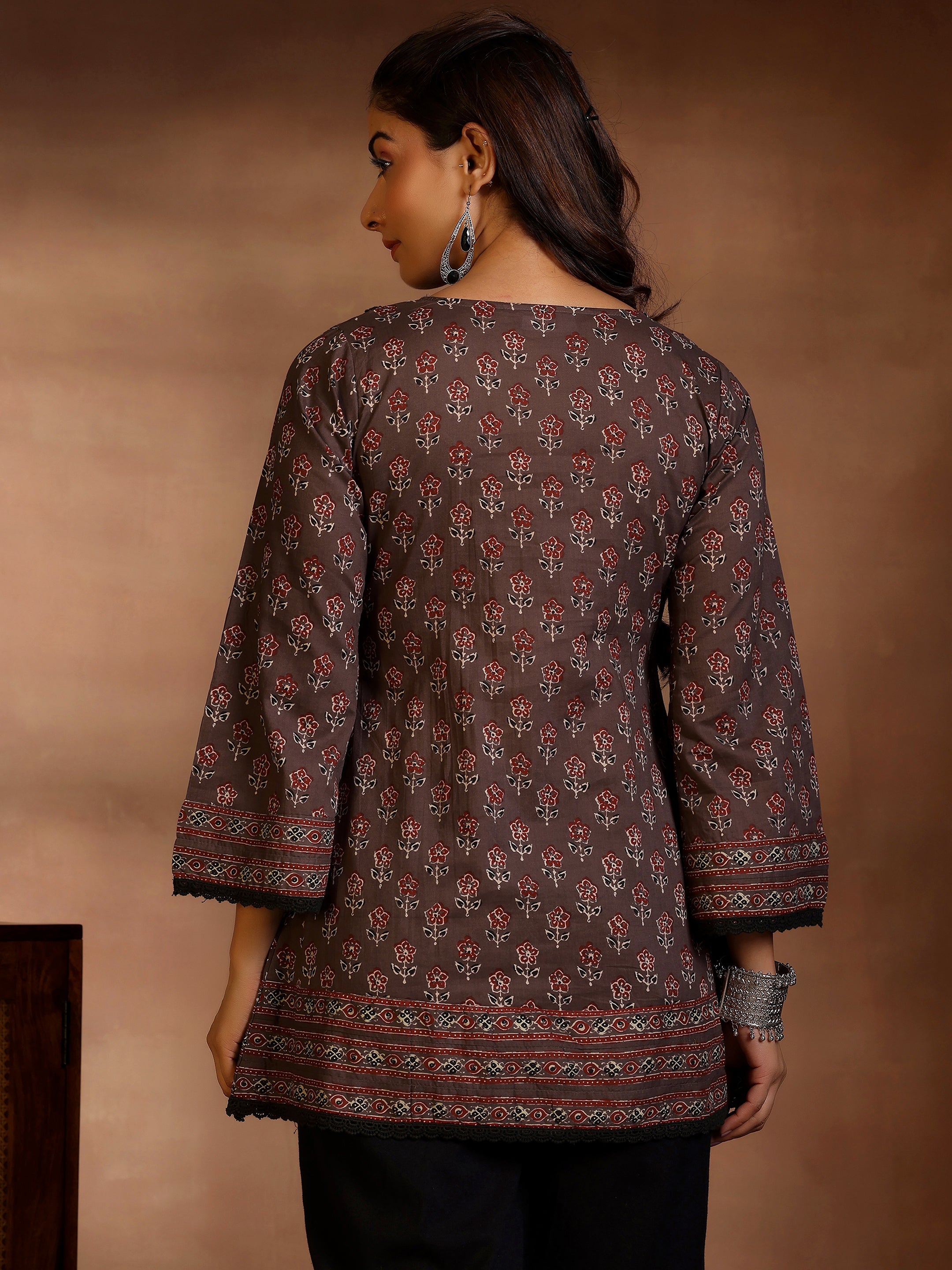 Grey Printed Cotton A-Line Kurti