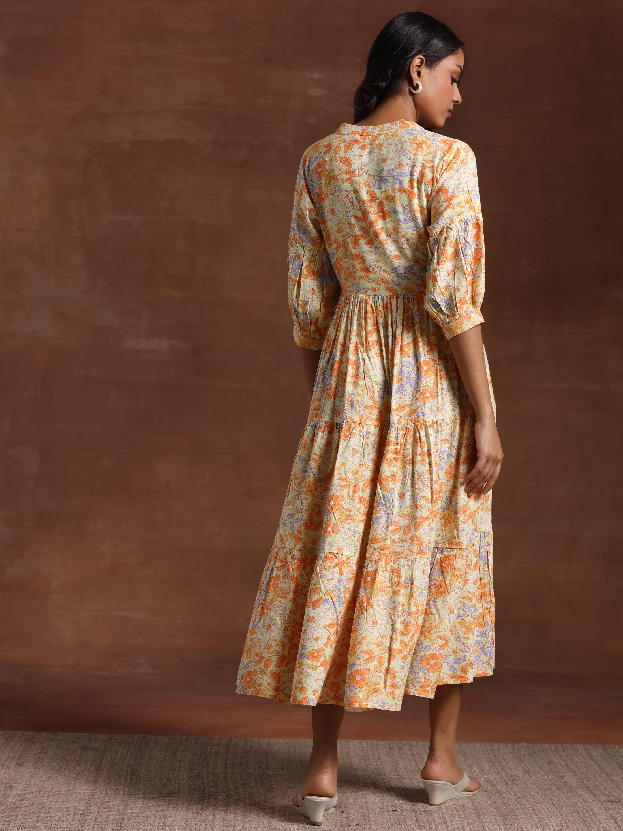 Yellow Printed Rayon Fit and Flare Dress