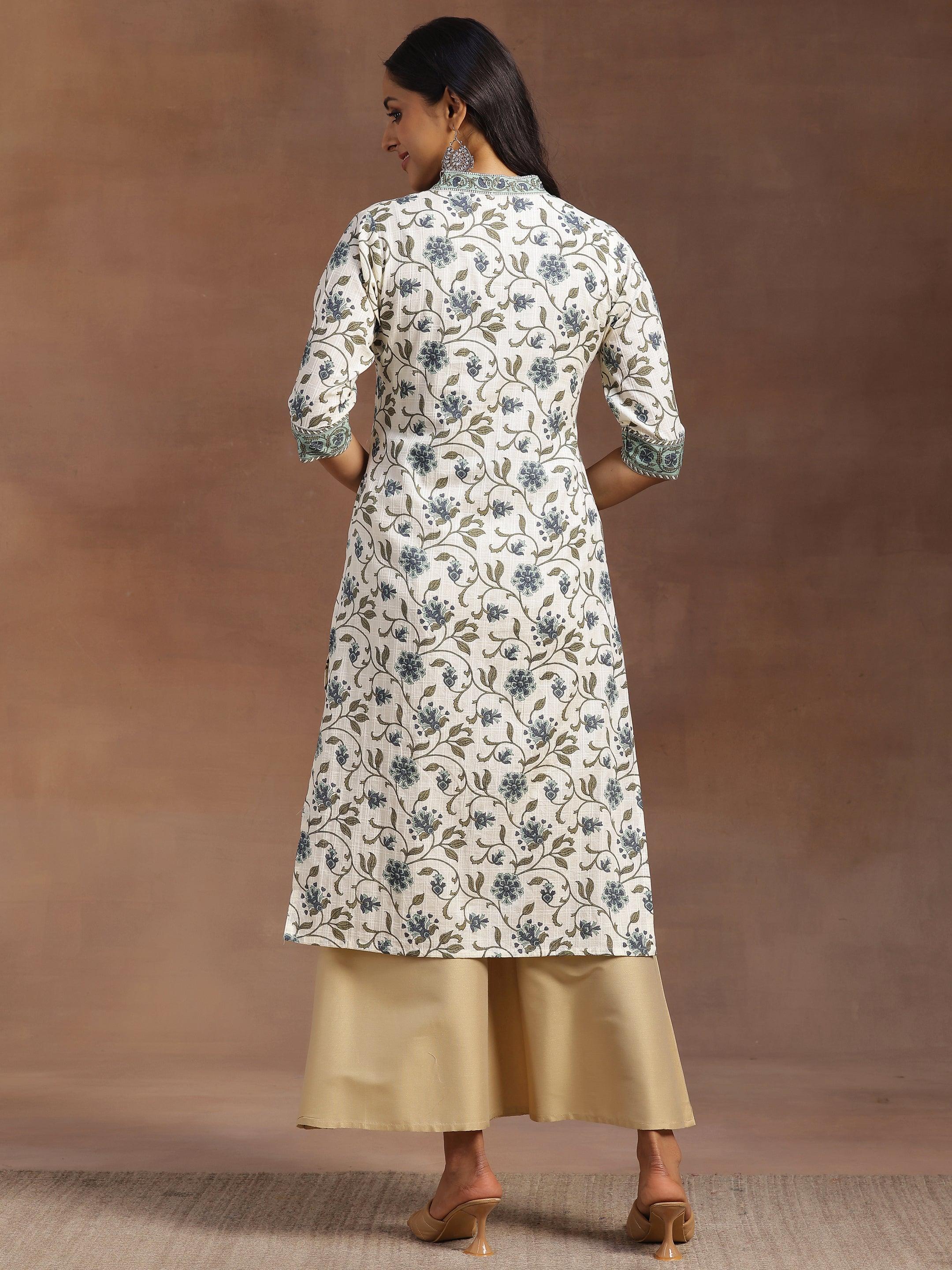 Off White Printed Cotton Straight Kurta