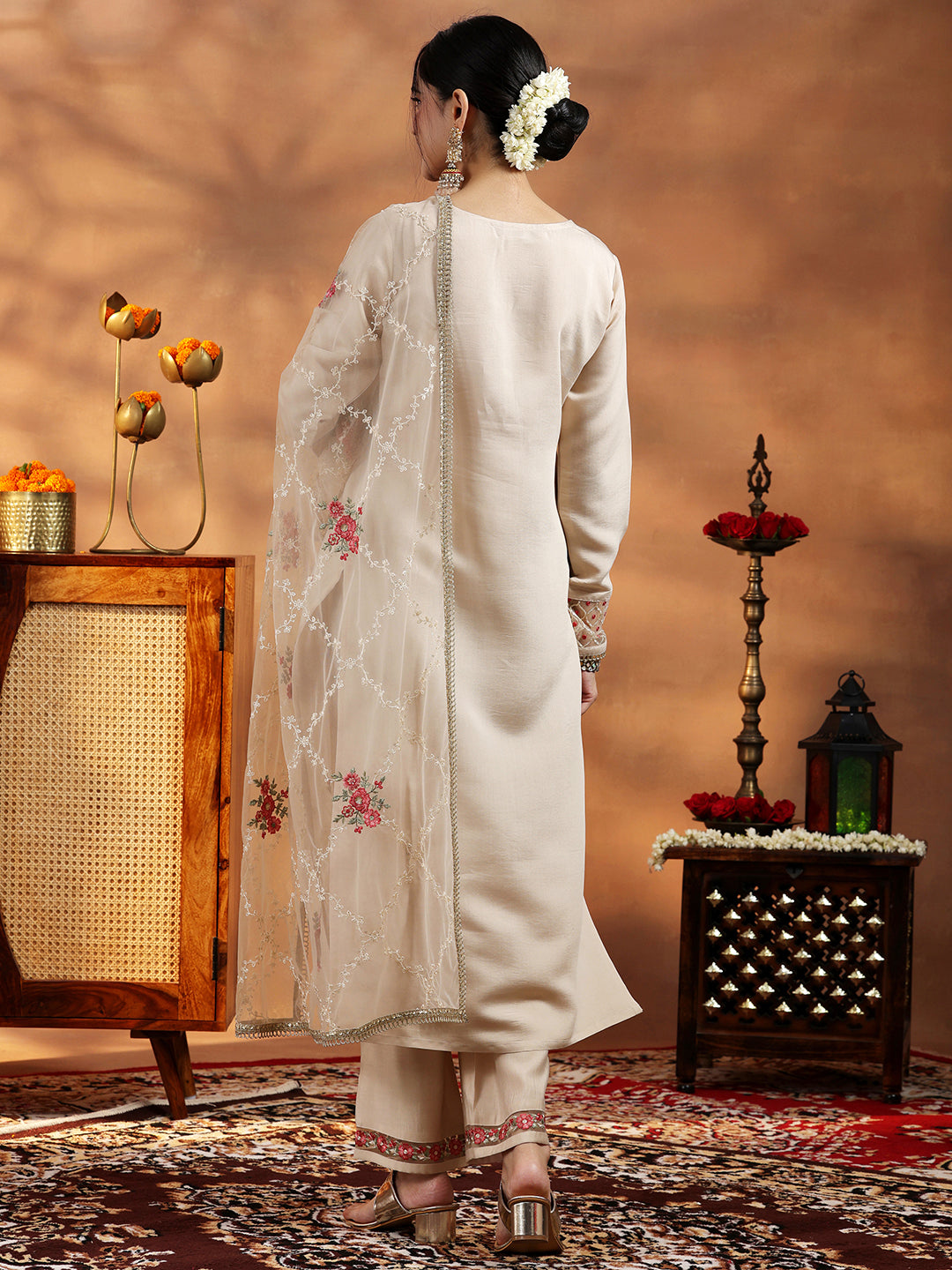 Ivory Embroidered Silk Blend Straight Suit With Dupatta