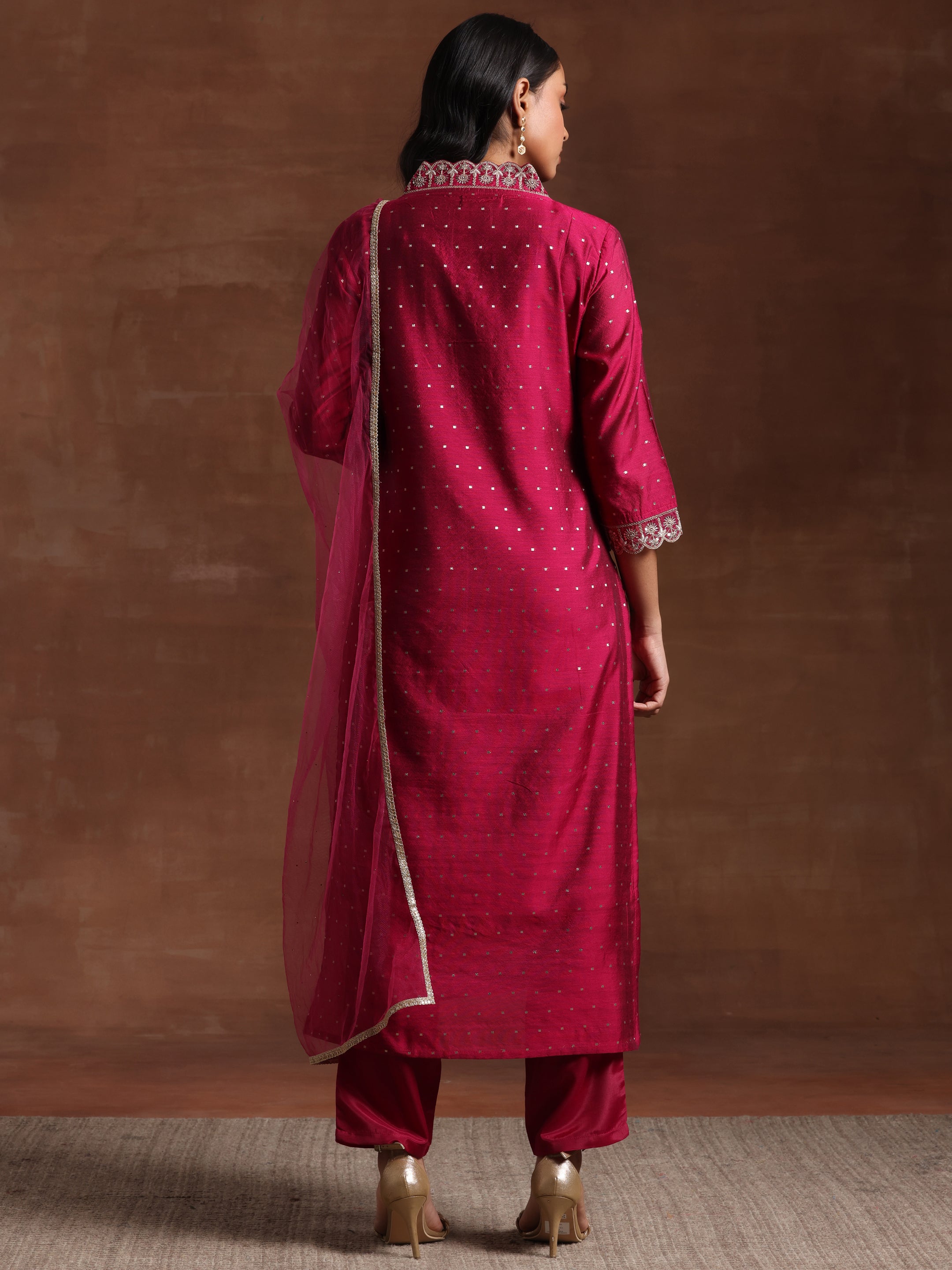 Pink Self Design Silk Blend Straight Suit With Dupatta