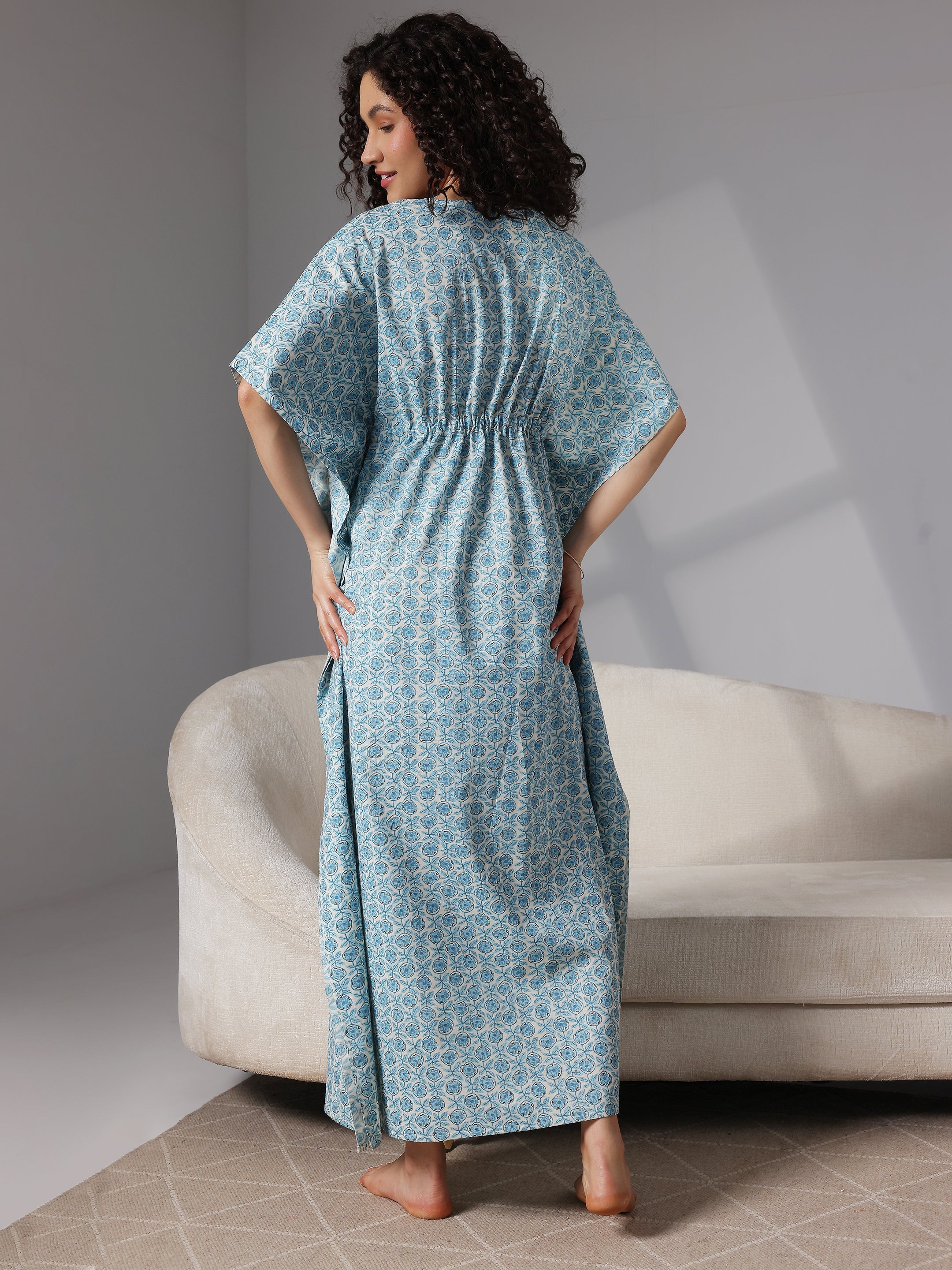 Blue Printed Cotton Kaftan Night Dress