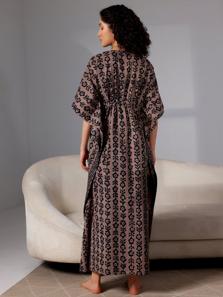 Black Printed Cotton Kaftan Night Dress