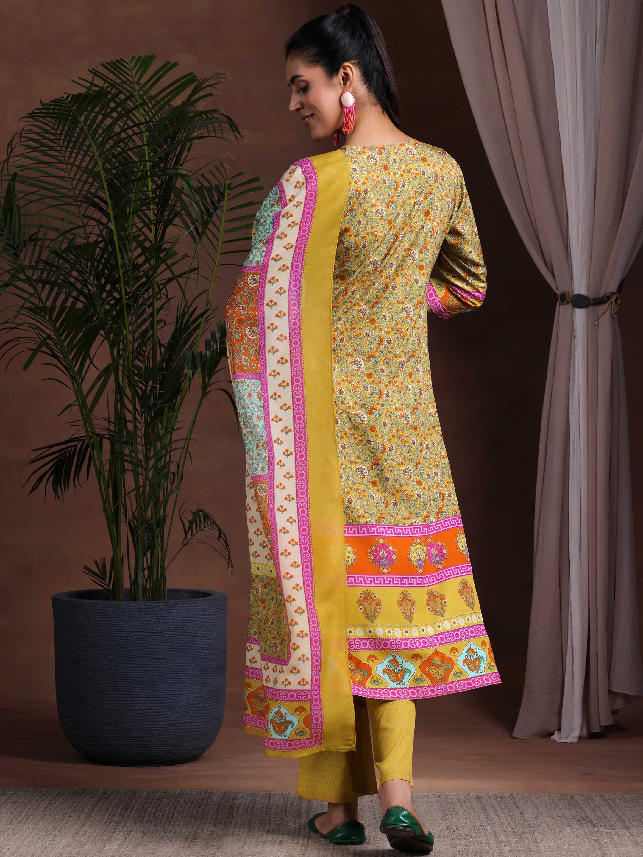 Mustard Printed Poly Crepe Straight Suit With Dupatta