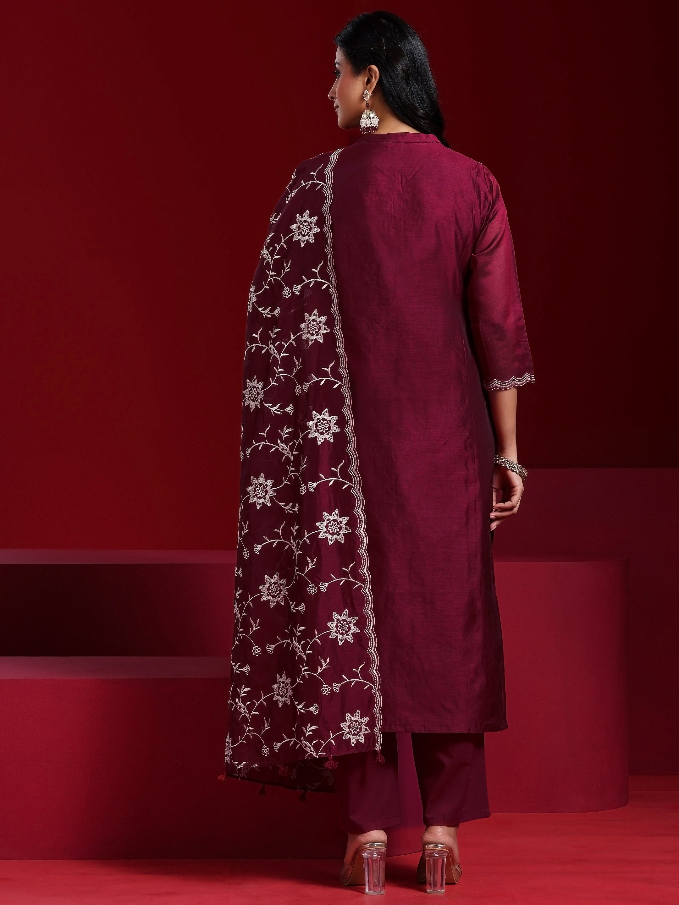 Libas Art Maroon Embroidered Chanderi Silk Straight Suit With Dupatta