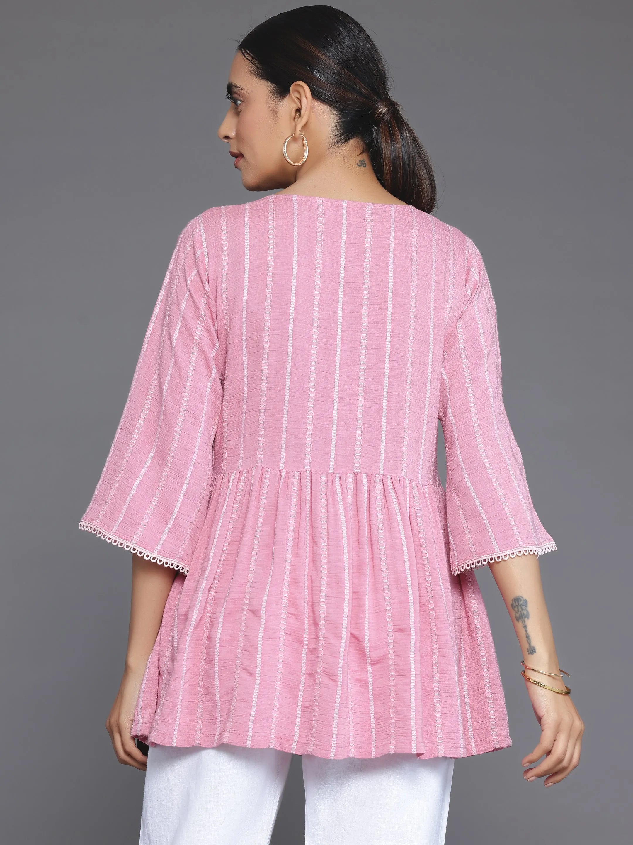 Pink Woven Design Cotton Blend A-Line Kurti