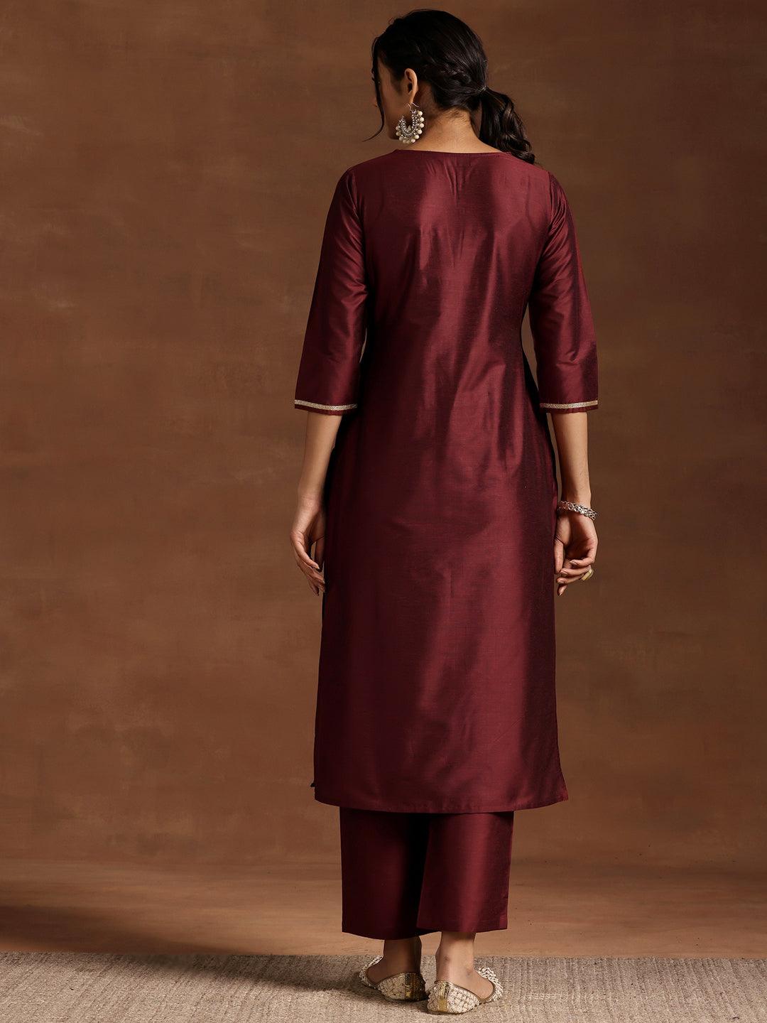 Maroon Yoke Design Silk Blend Straight Kurta Set