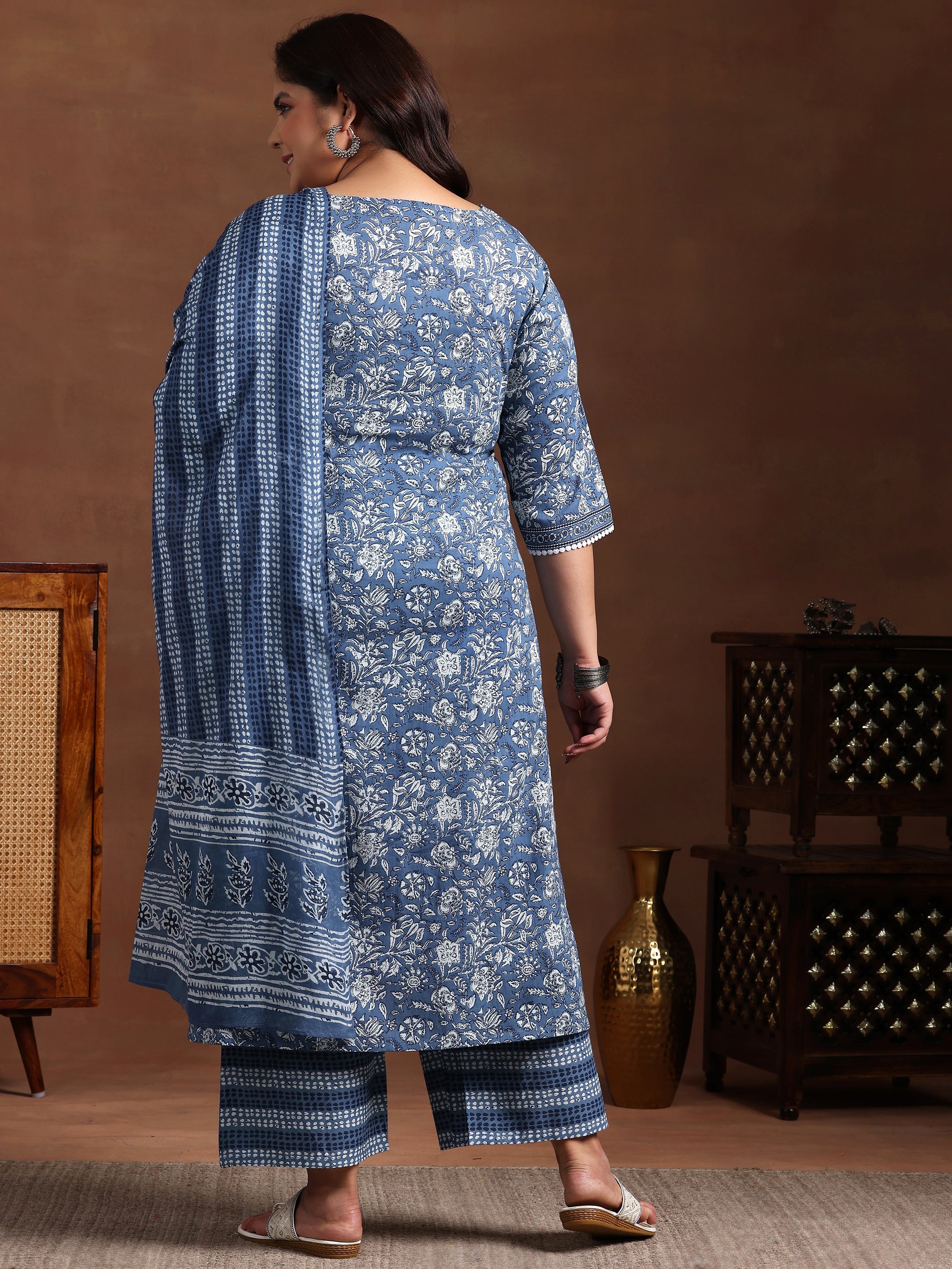 Plus Size Blue Printed Cotton Straight Suit With Dupatta