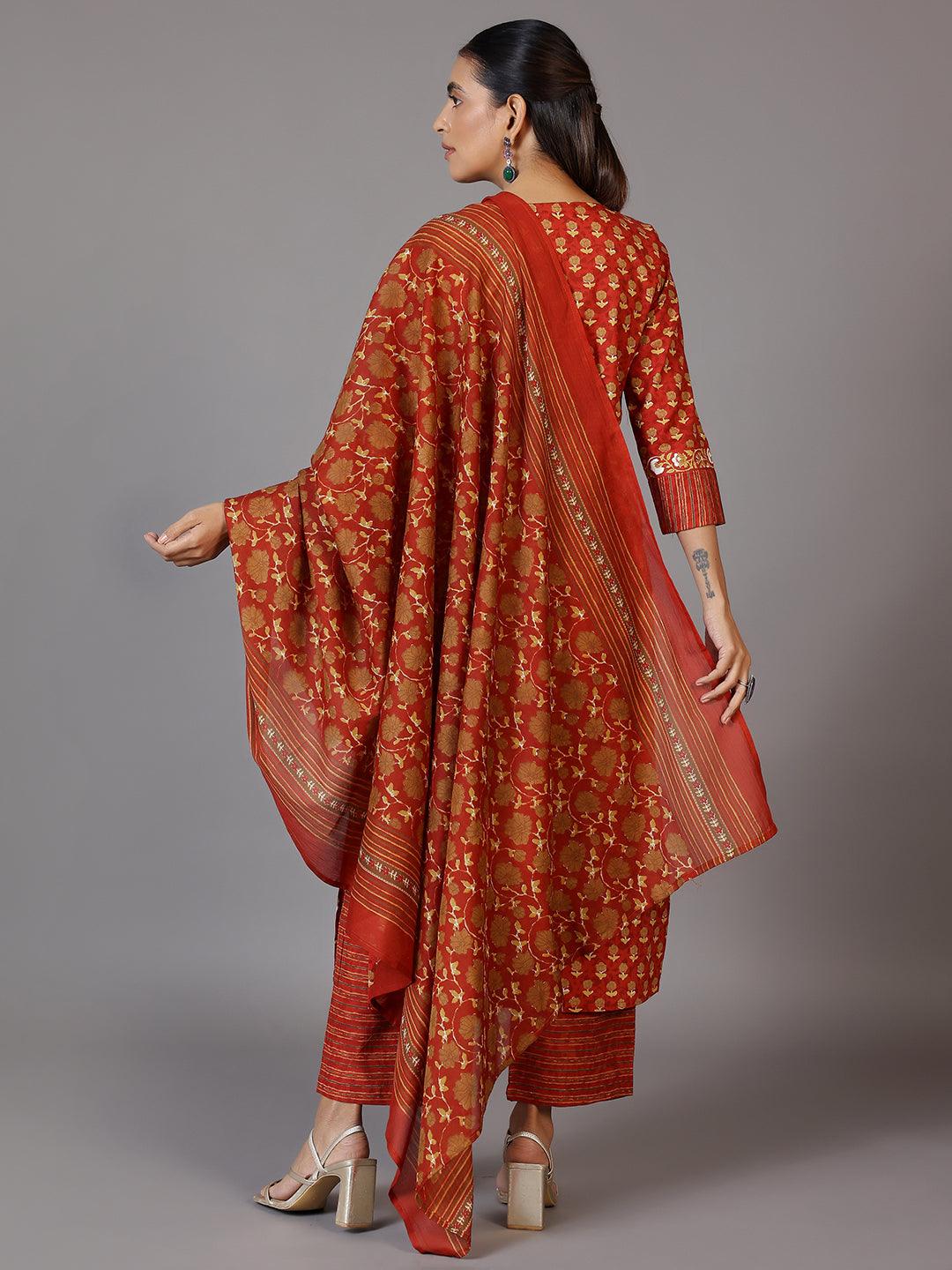 Rust Printed Cotton Straight Suit With Dupatta