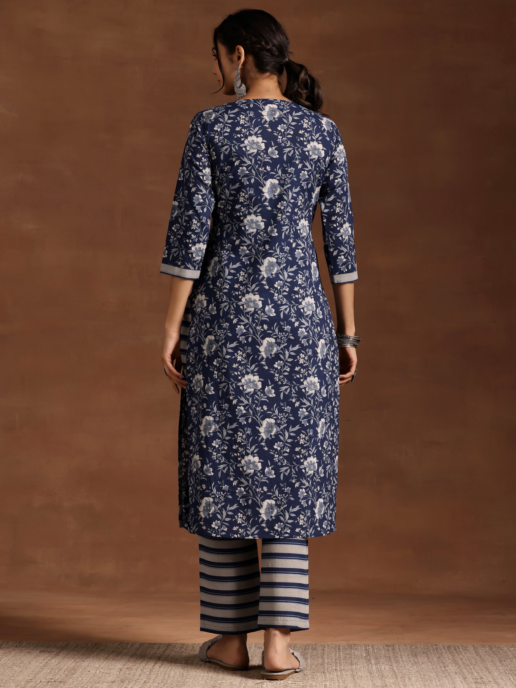 Blue Printed Cotton Straight Kurta Set