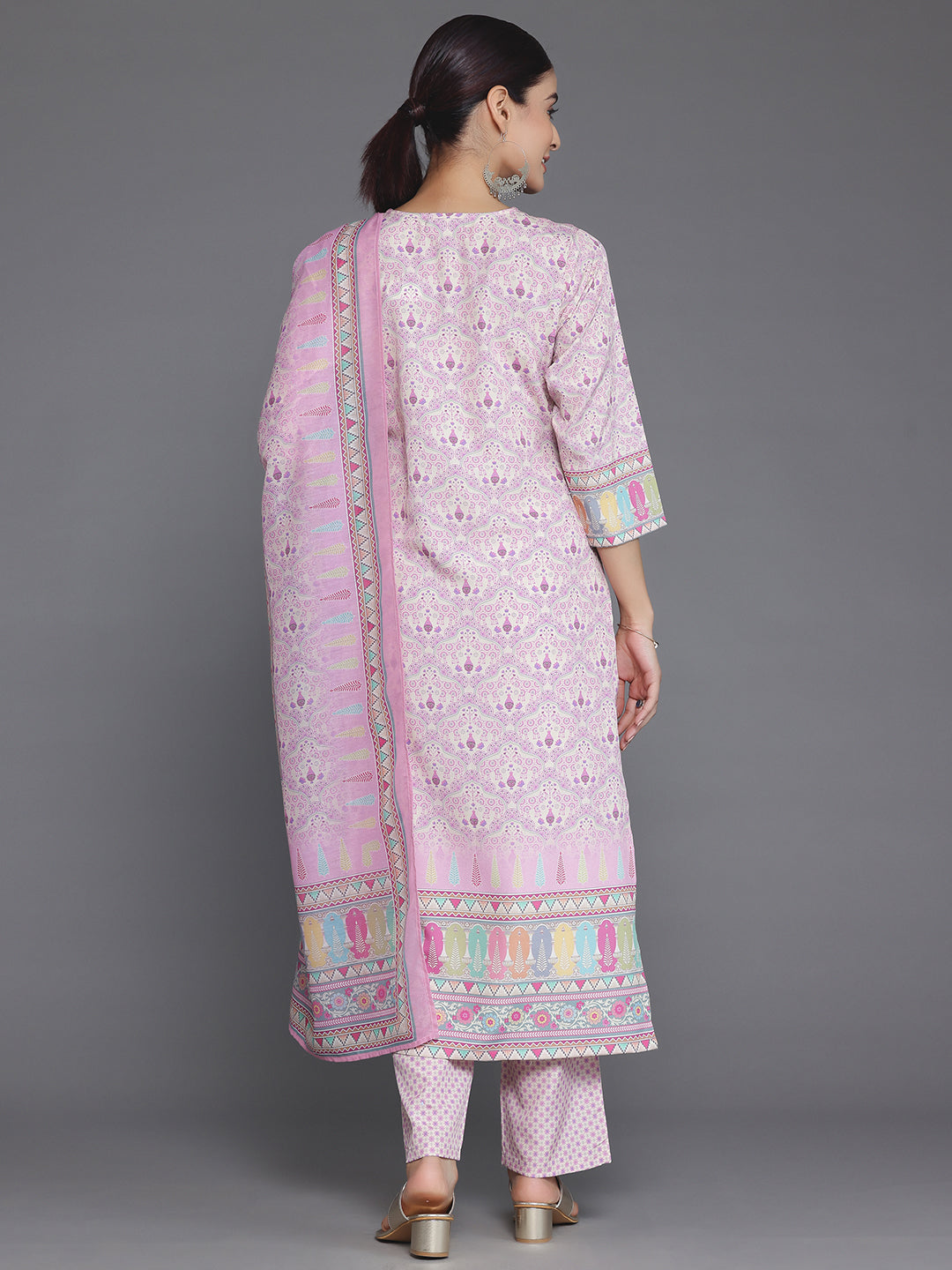 Pink Printed Poly Crepe Straight Suit With Dupatta