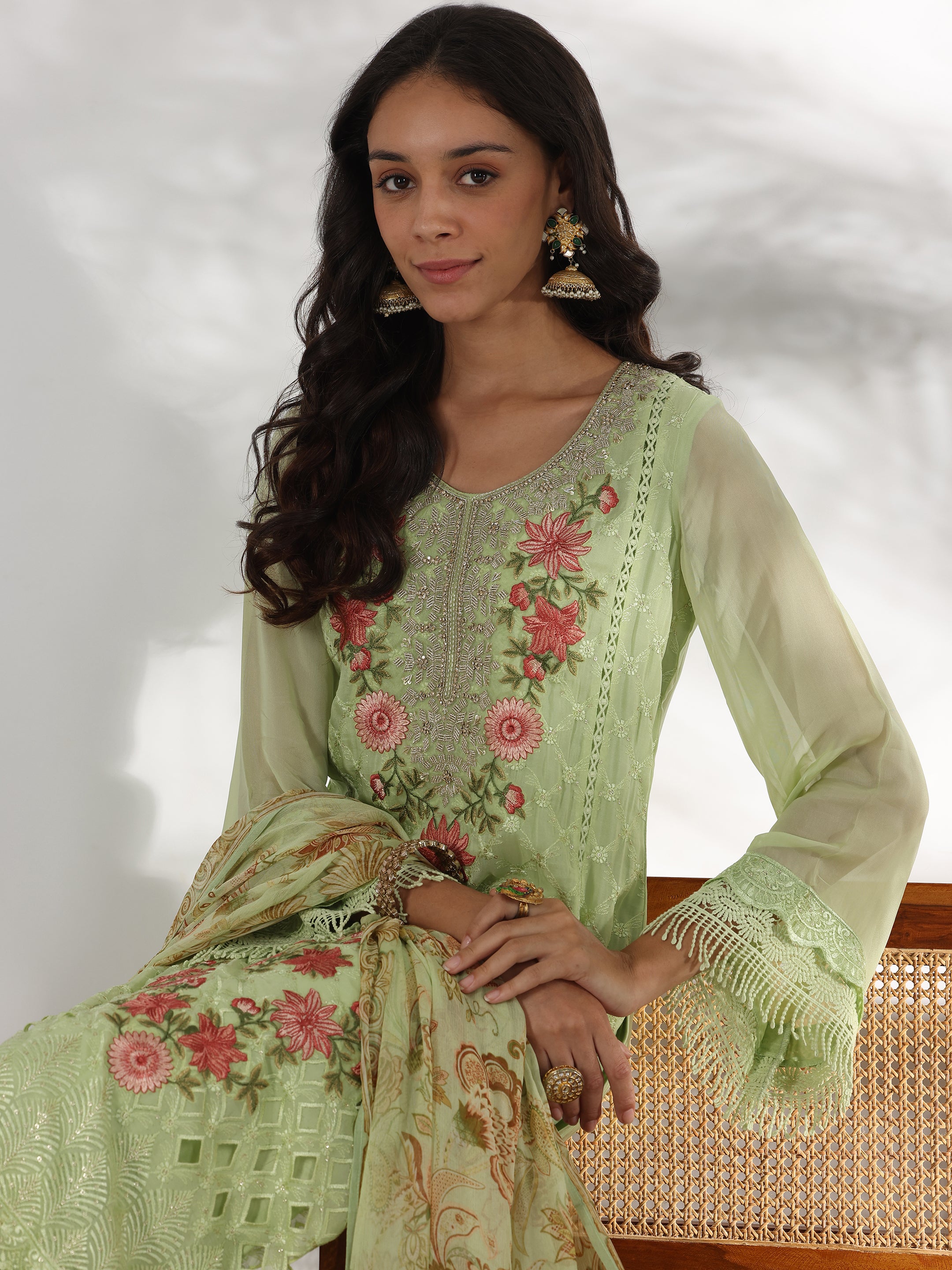 Green Embroidered Organza Straight Suit With Dupatta