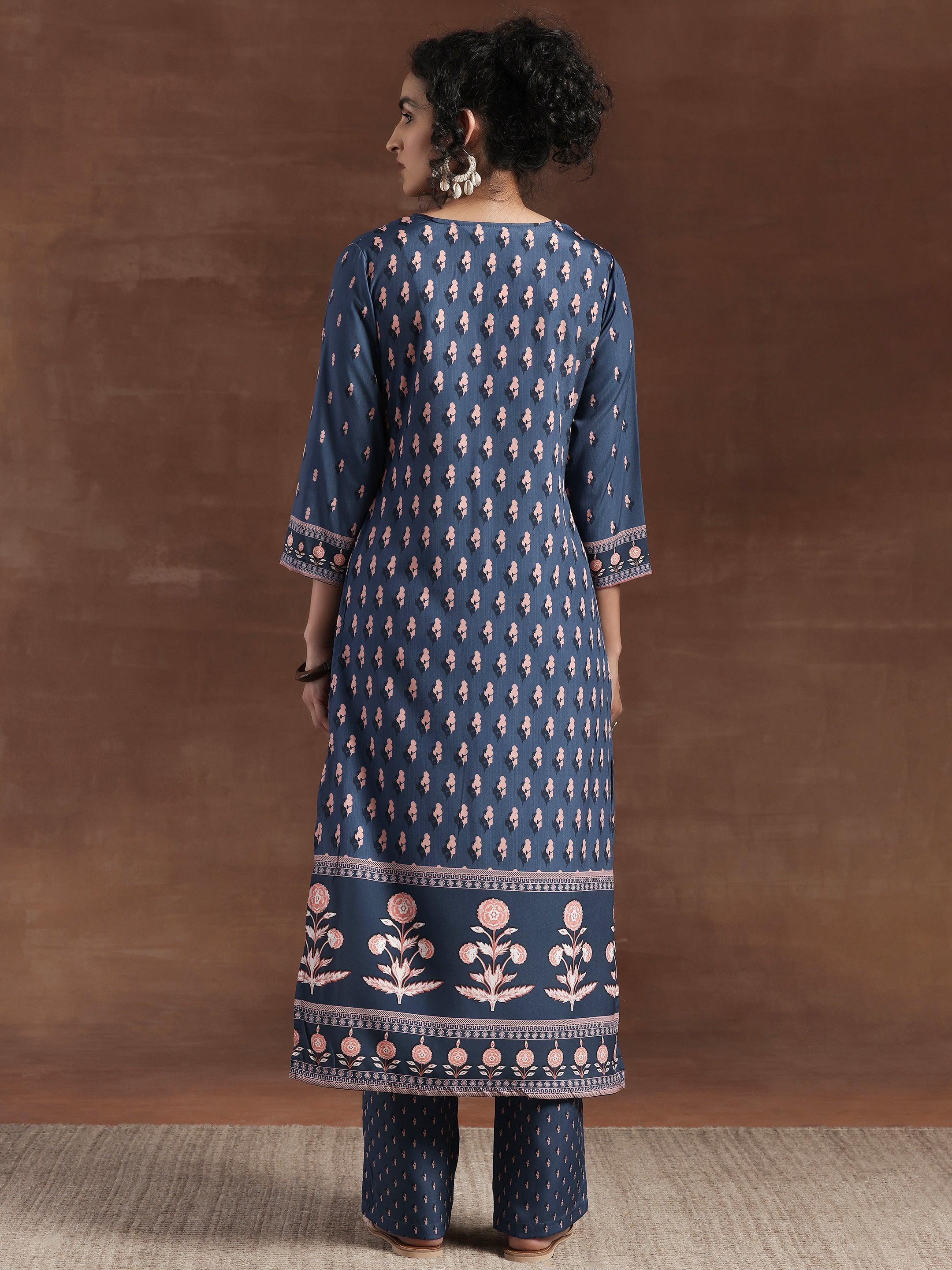 Blue Printed Poly Crepe Straight Kurta Set