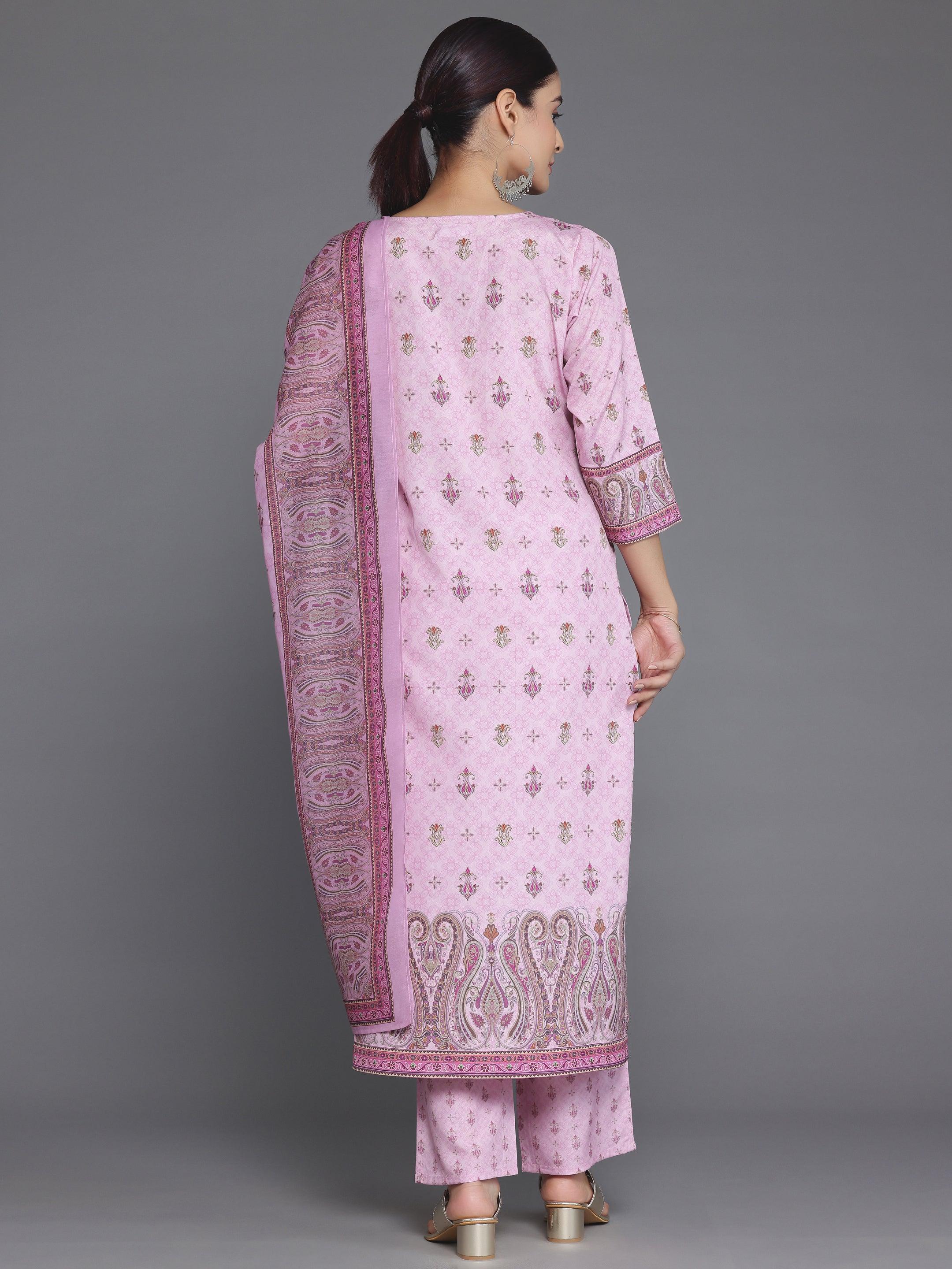 Pink Printed Poly Crepe Straight Suit With Dupatta