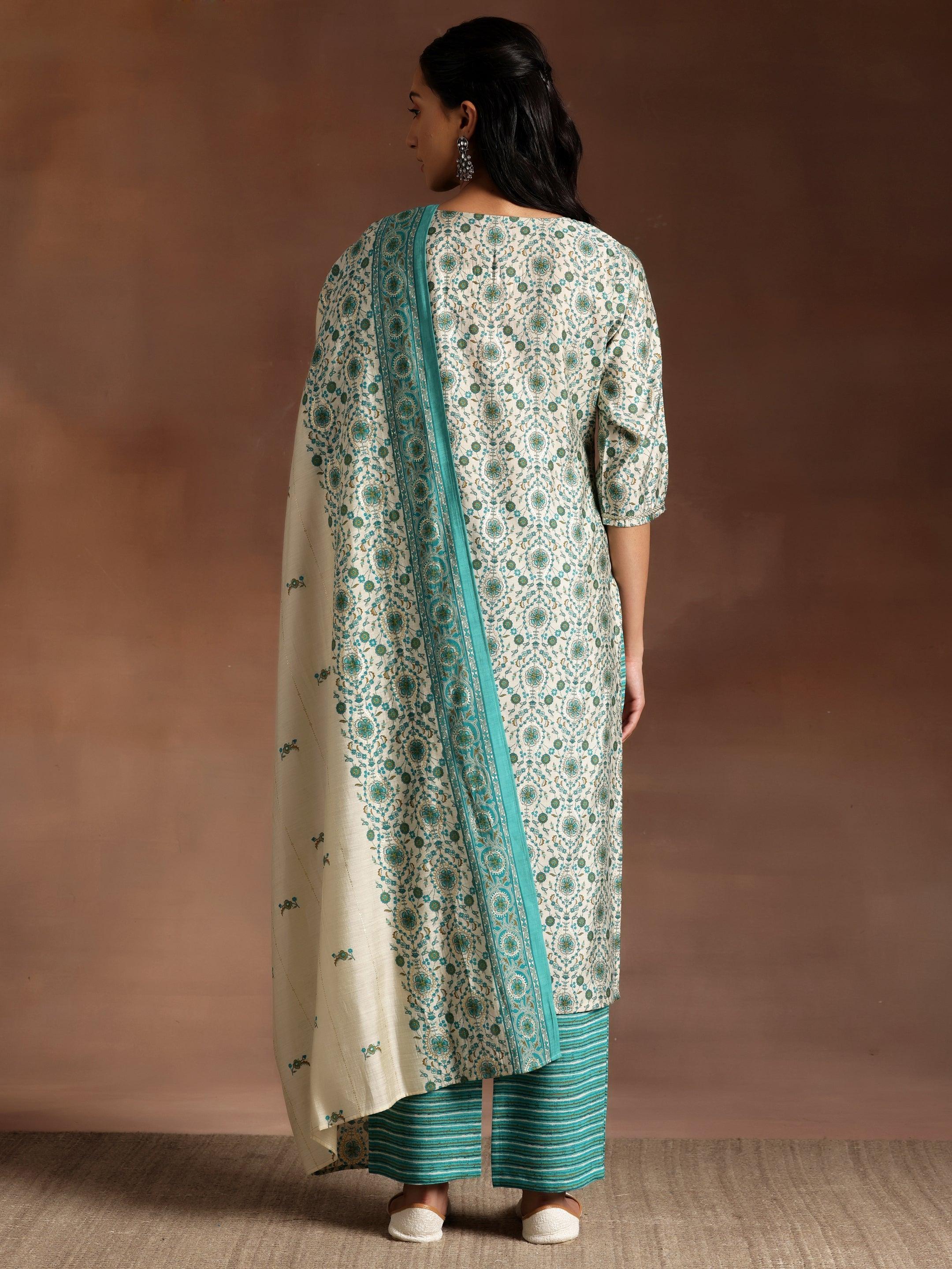 Blue Printed Silk Blend Straight Suit With Dupatta